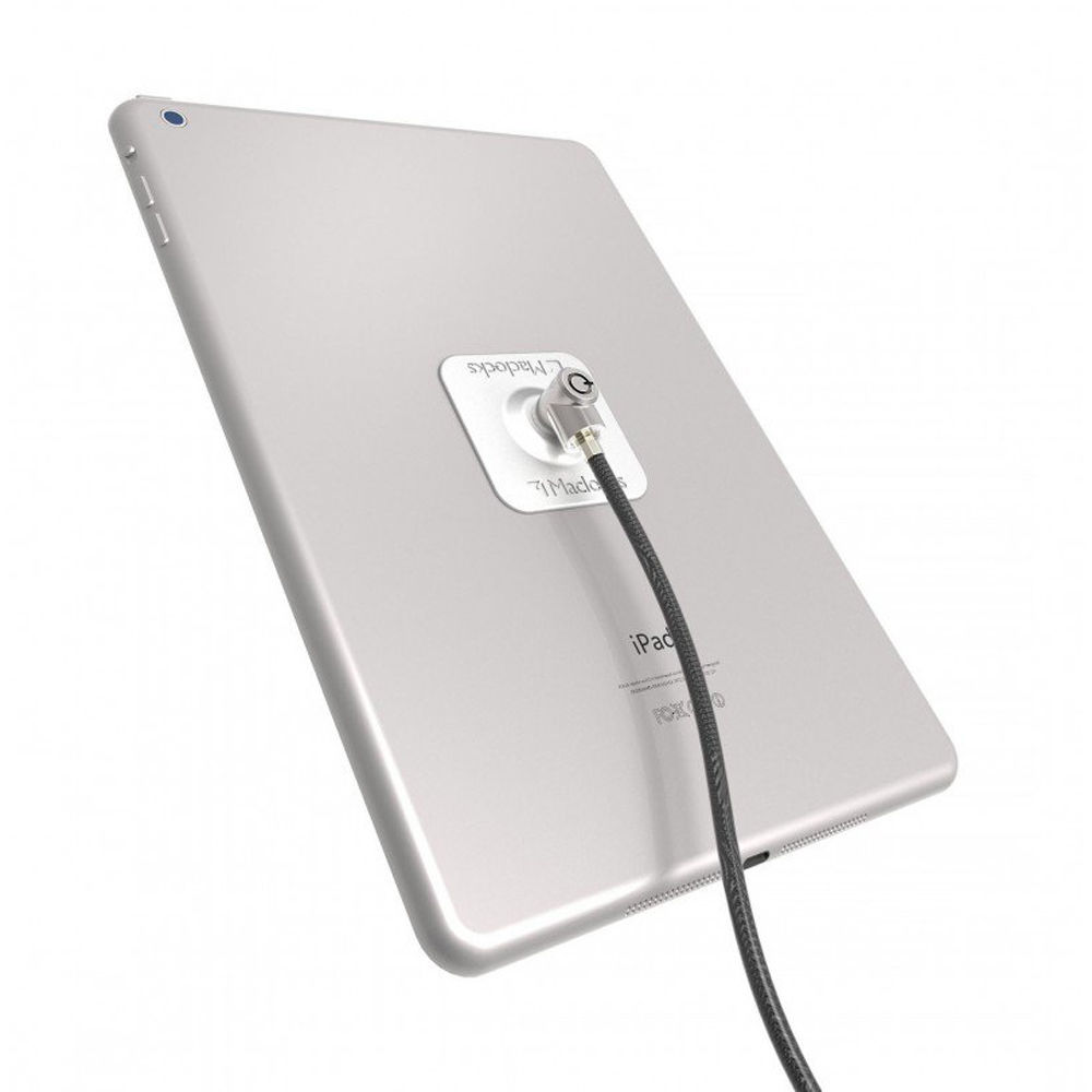 Black universal tablet lock plate with keyed cable lock for securing tablets — view 2