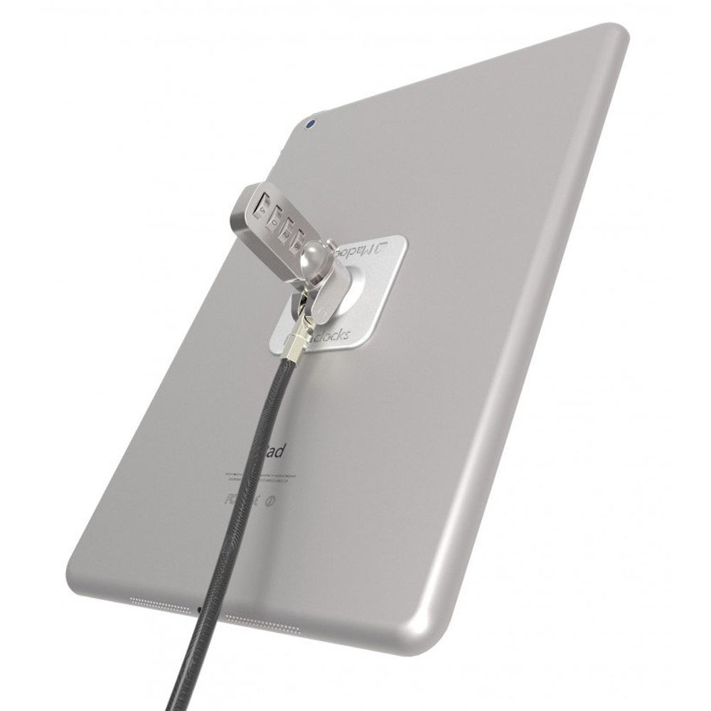 Black universal tablet lock plate with keyed cable lock for securing tablets — view 3