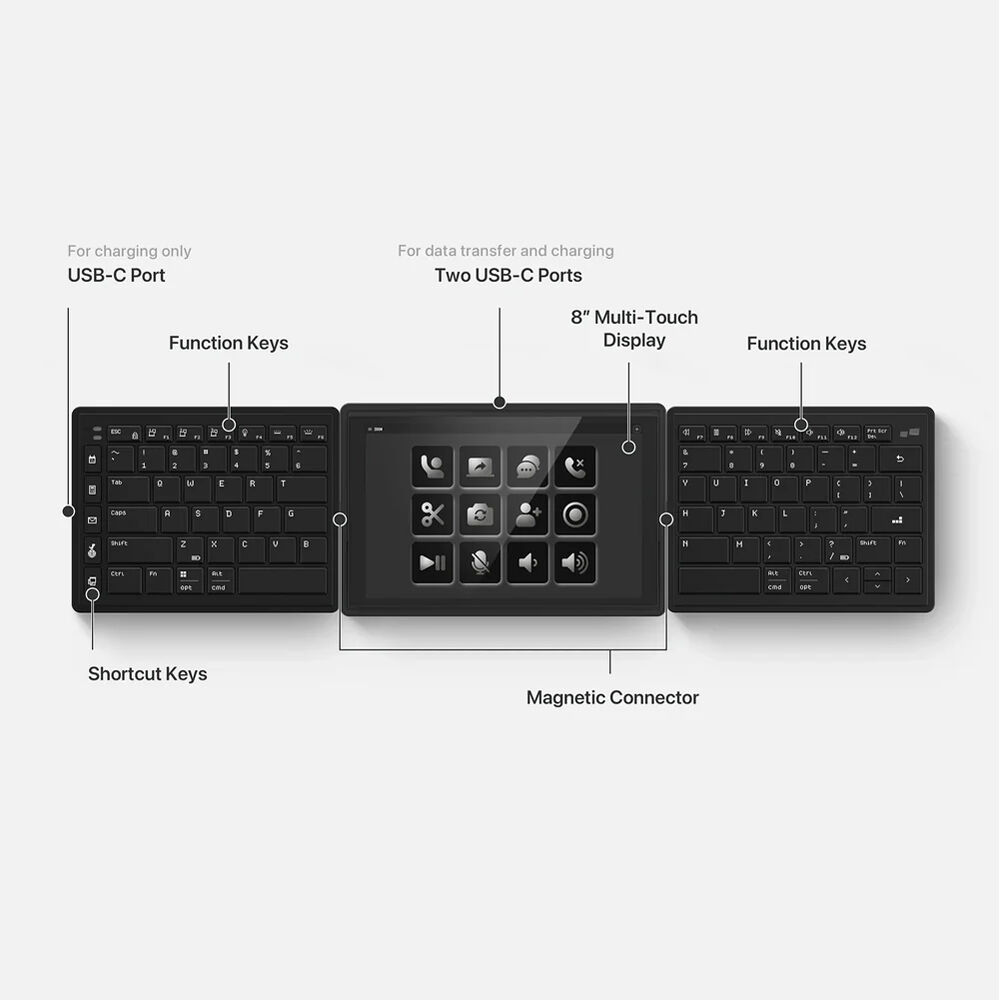Mobile Pixels Tetra Split ergonomic keyboard with 8-inch touch LCD, backlit keys, and split layout — view 2