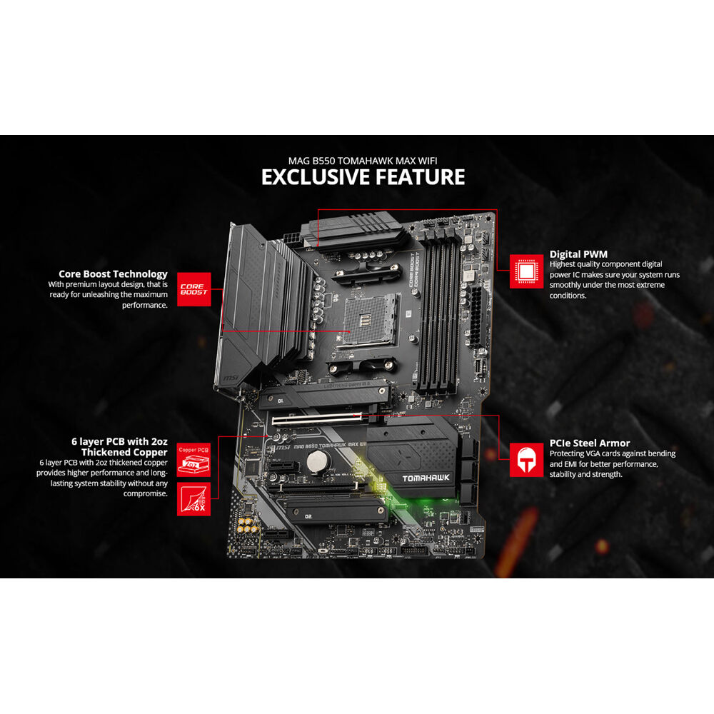 MSI MAG B550 TOMAHAWK MAX WIFI ATX motherboard for AMD Ryzen with DDR4, PCIe 4.0, and onboard Wi‑Fi — view 8