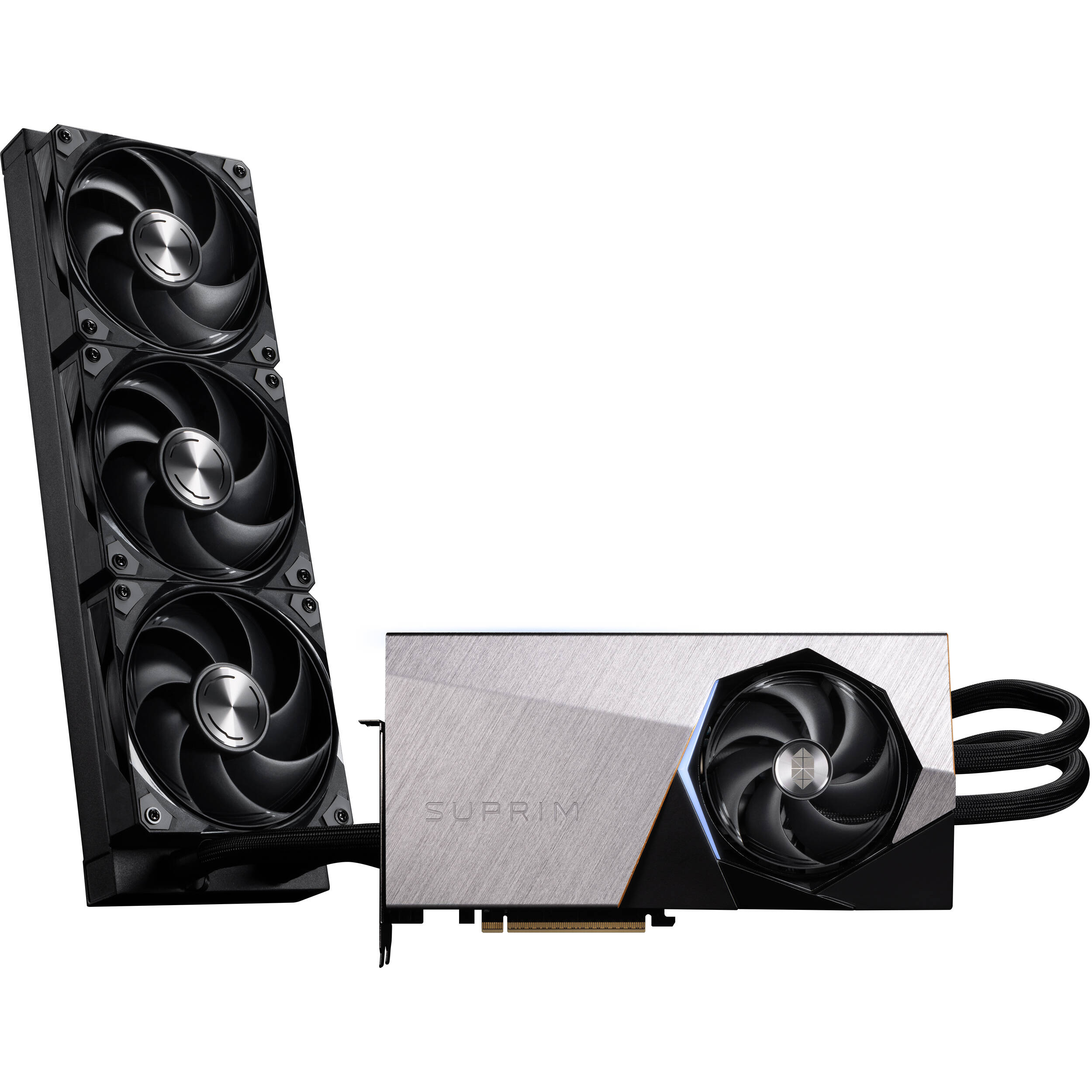 MSI RTX 5090 32G SUPRIM LIQUID SOC graphics card with liquid cooling and premium shroud — view 4