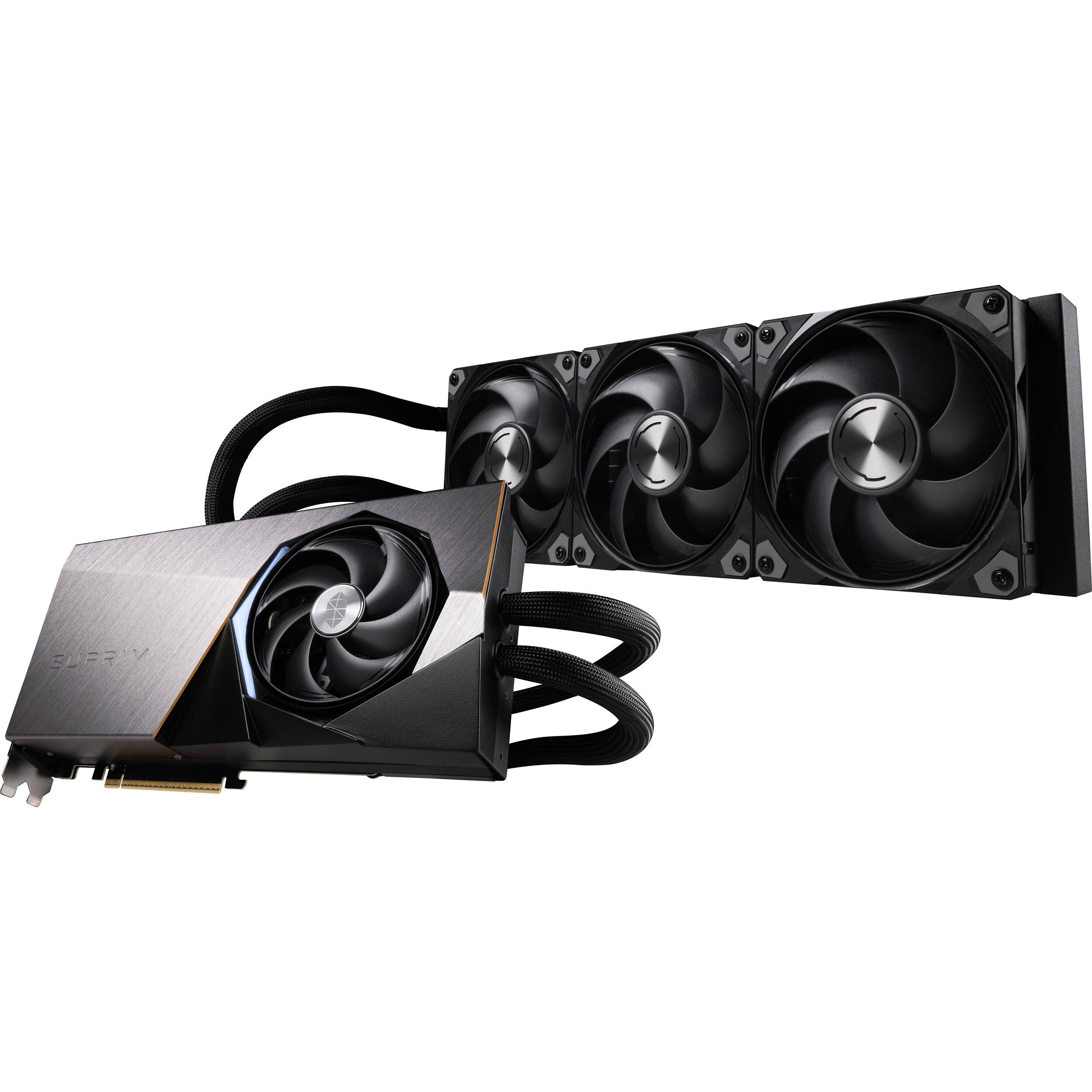 MSI RTX 5090 32G SUPRIM LIQUID SOC graphics card with liquid cooling and premium shroud — view 5