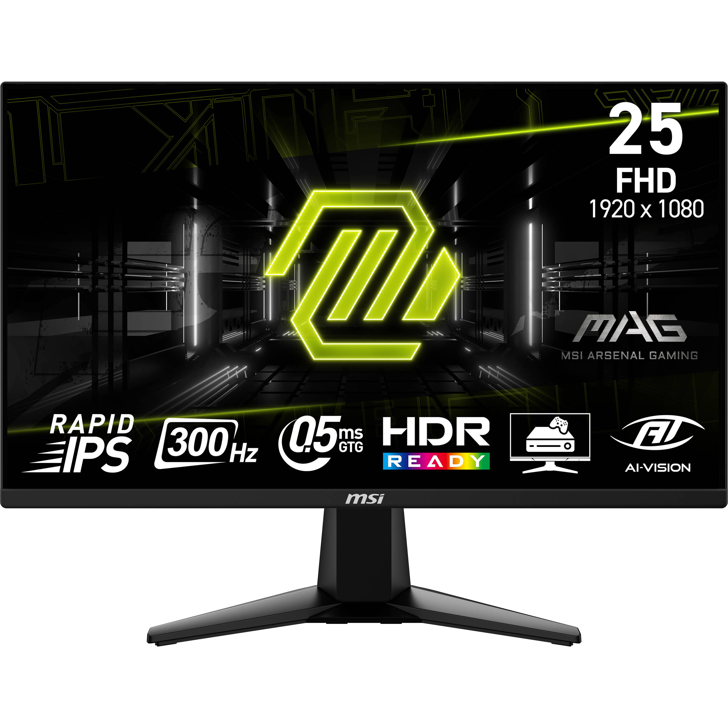MSI MAG 255XF 25-inch flat gaming monitor with Rapid IPS panel, 300 Hz refresh rate, and metallic black finish — view 2