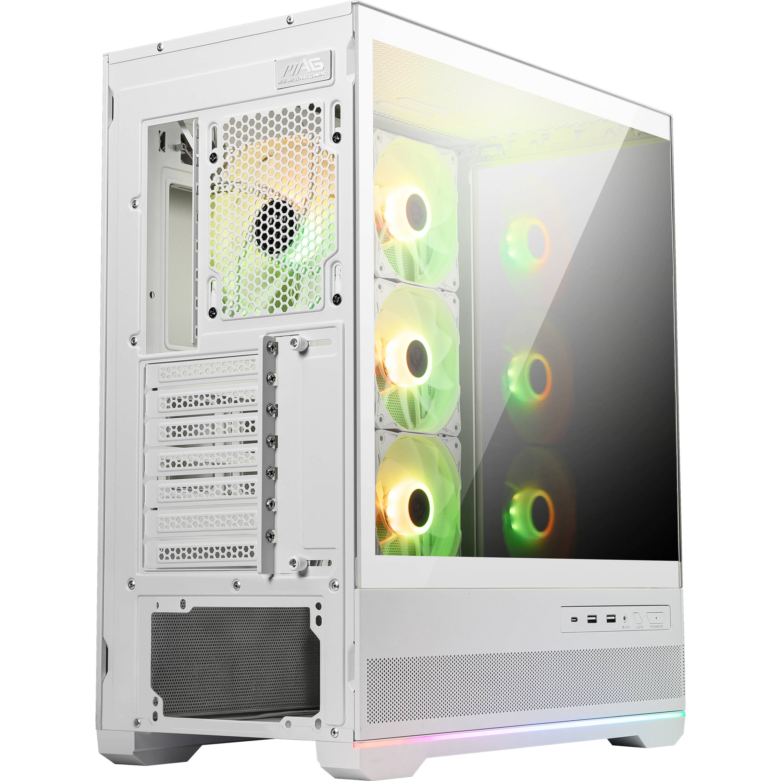 MSI MAG PANO 110R PZ WHITE PC case with tempered glass side panel and ARGB fans — view 11