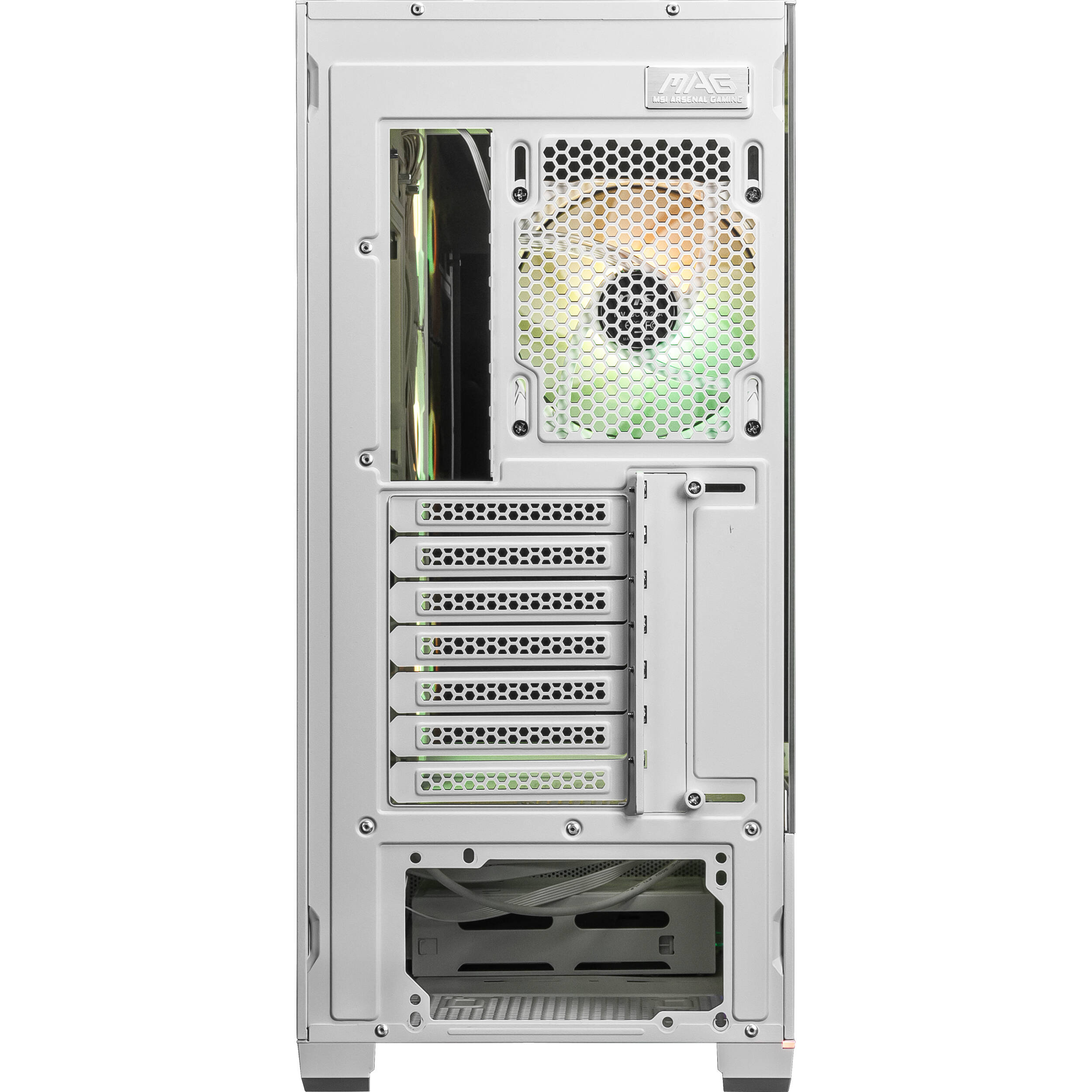 MSI MAG PANO 110R PZ WHITE PC case with tempered glass side panel and ARGB fans — view 2