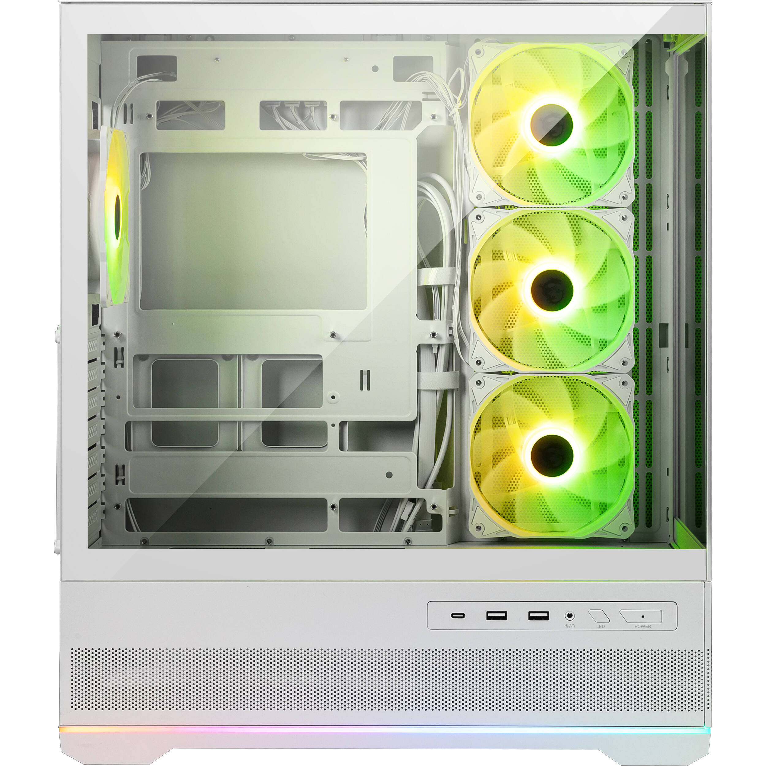 MSI MAG PANO 110R PZ WHITE PC case with tempered glass side panel and ARGB fans — view 3