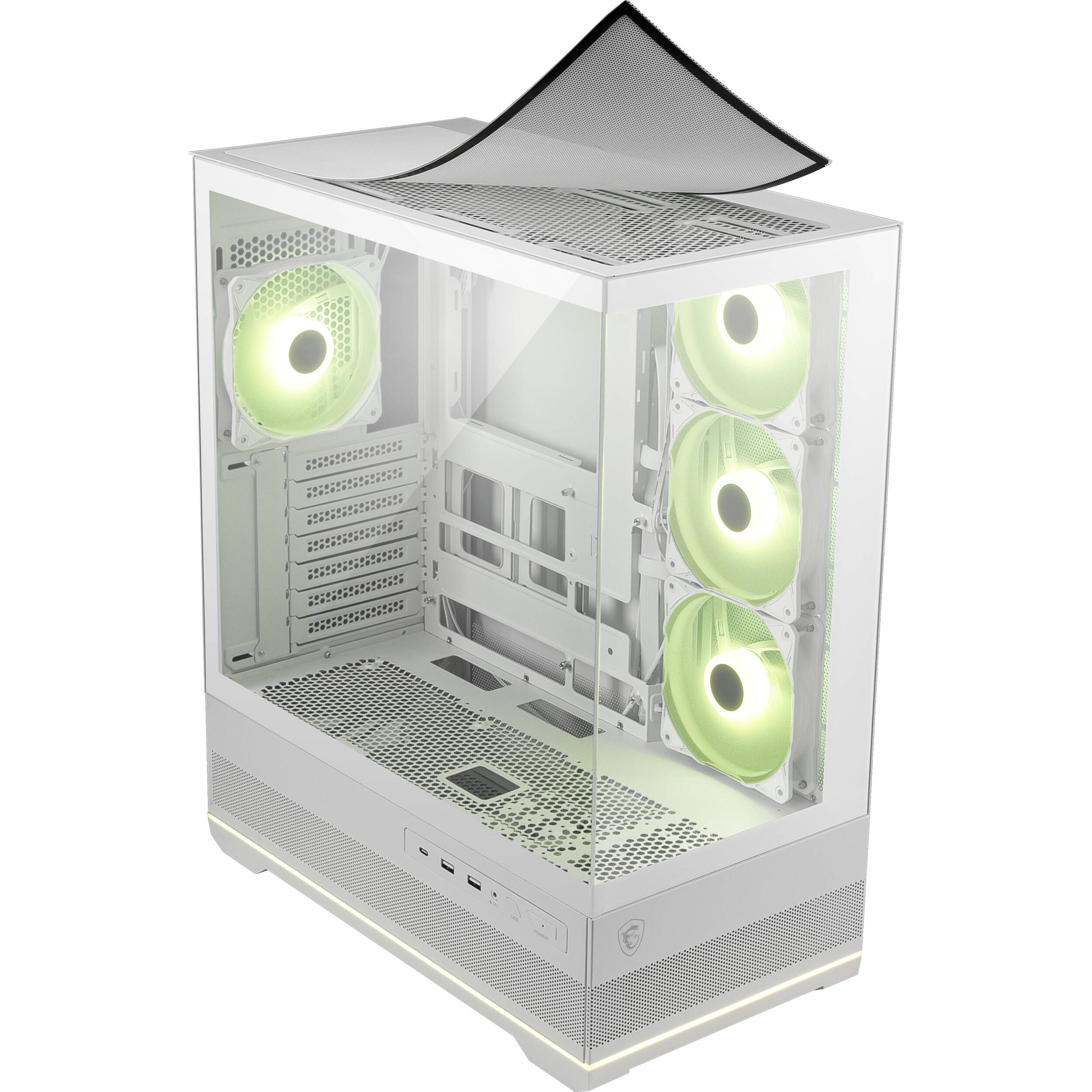 MSI MAG PANO 110R PZ WHITE PC case with tempered glass side panel and ARGB fans — view 7