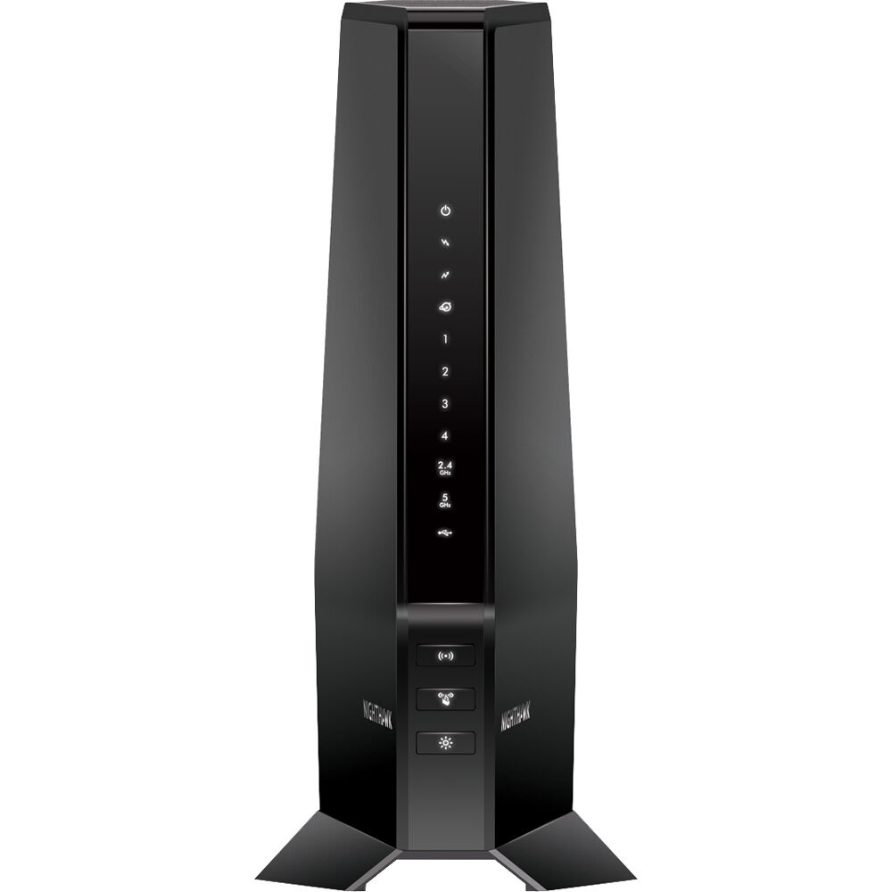 Netgear Nighthawk AX6 WiFi 6 cable modem router desktop unit with 4 Ethernet ports — view 2