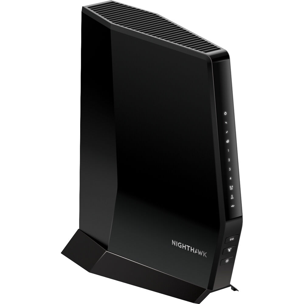 Netgear Nighthawk AX6 WiFi 6 cable modem router desktop unit with 4 Ethernet ports — view 3