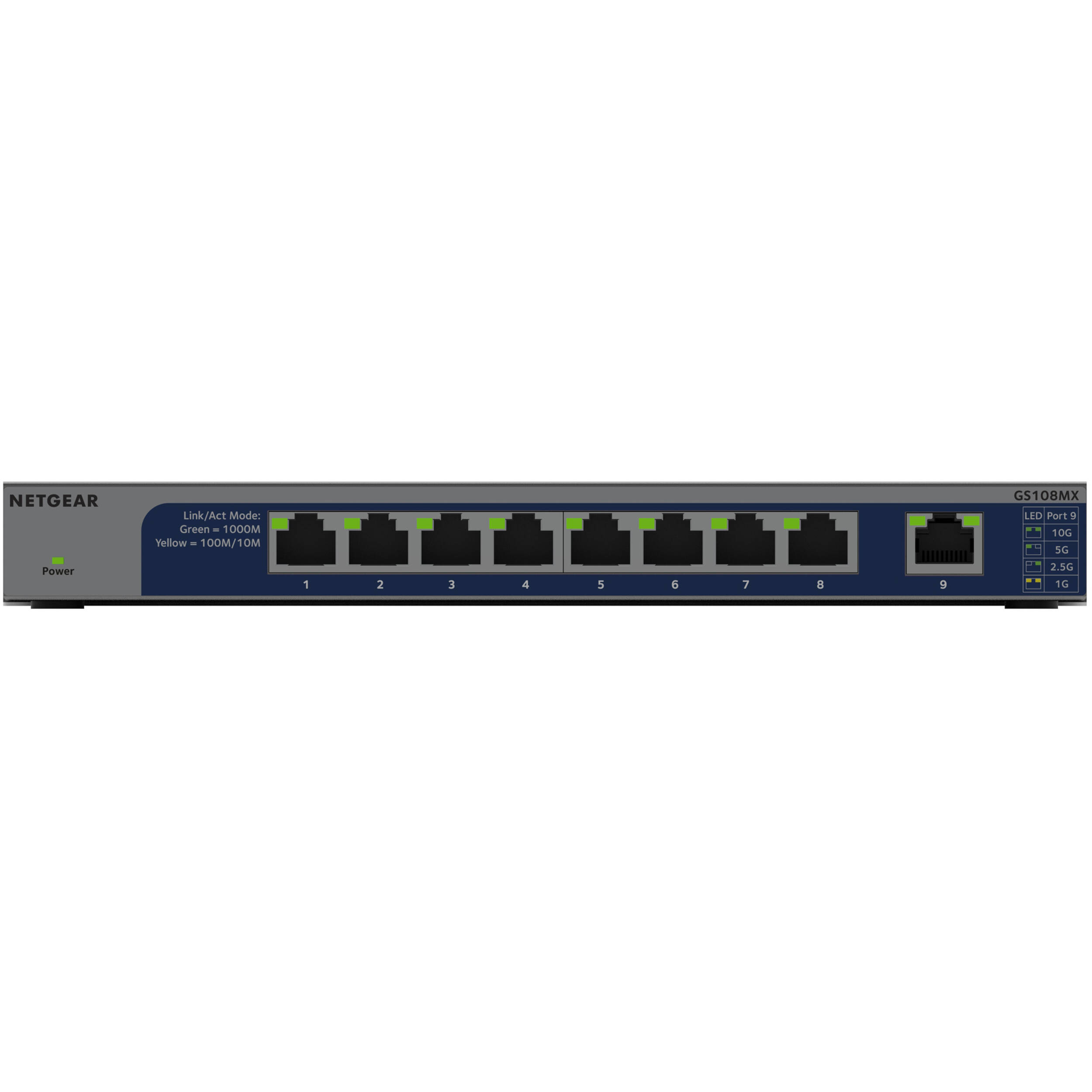 Netgear GS108MX-100NAS unmanaged switch with 8 Gigabit ports and 1 10G multi-gig uplink — view 2