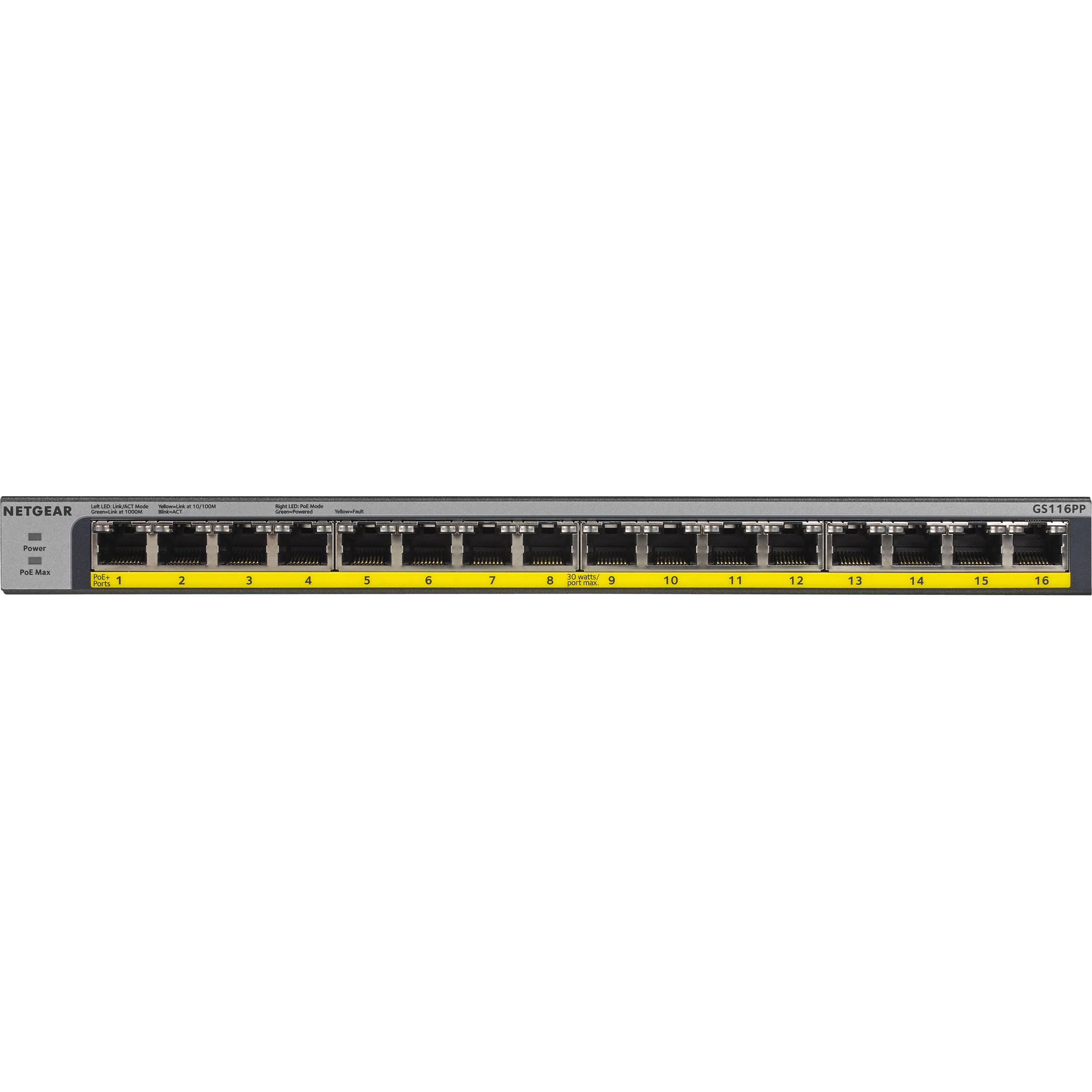 Netgear GS116LP-100NAS 16-port Gigabit unmanaged PoE/PoE+ switch with 76 W power budget — view 2