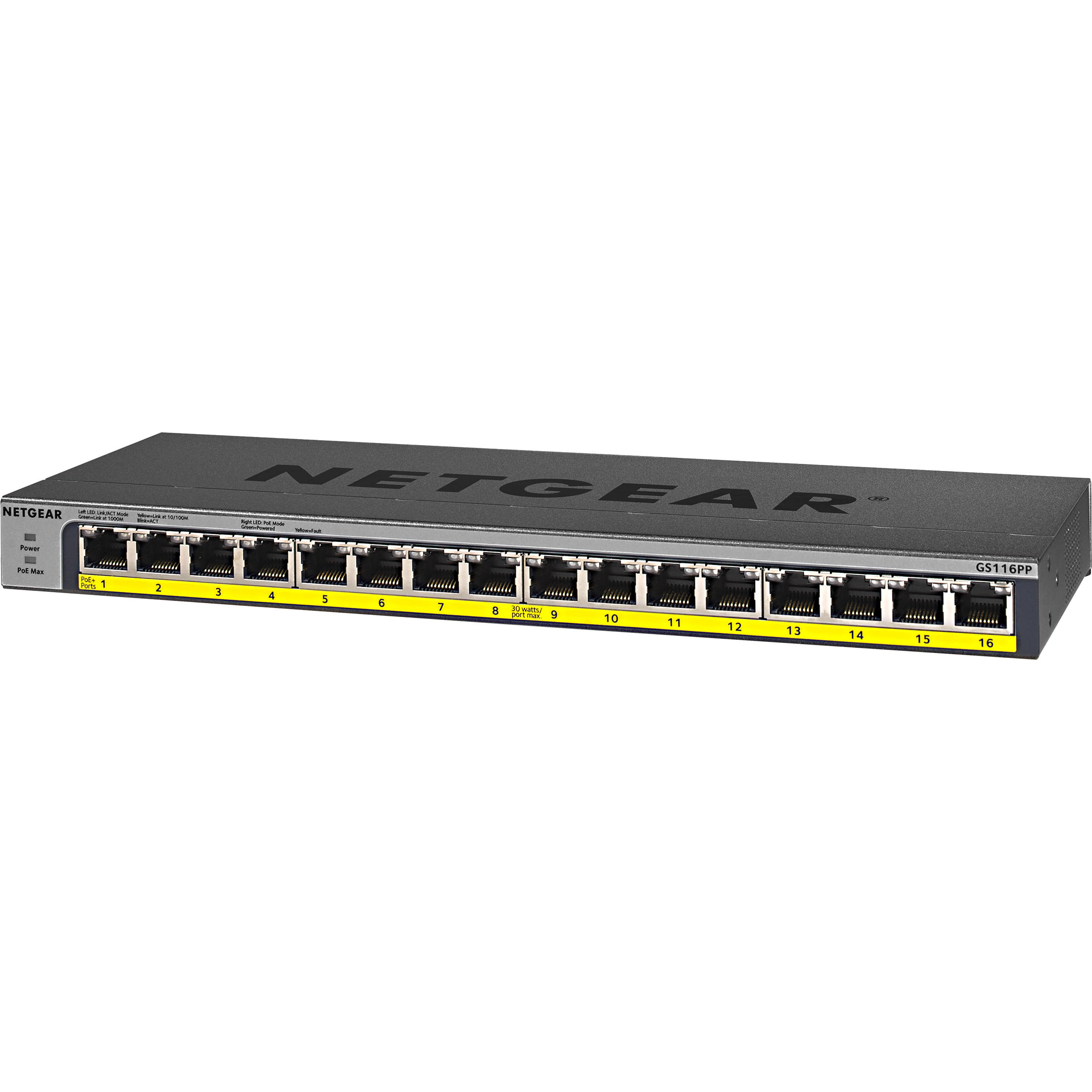 Netgear GS116LP-100NAS 16-port Gigabit unmanaged PoE/PoE+ switch with 76 W power budget — view 3