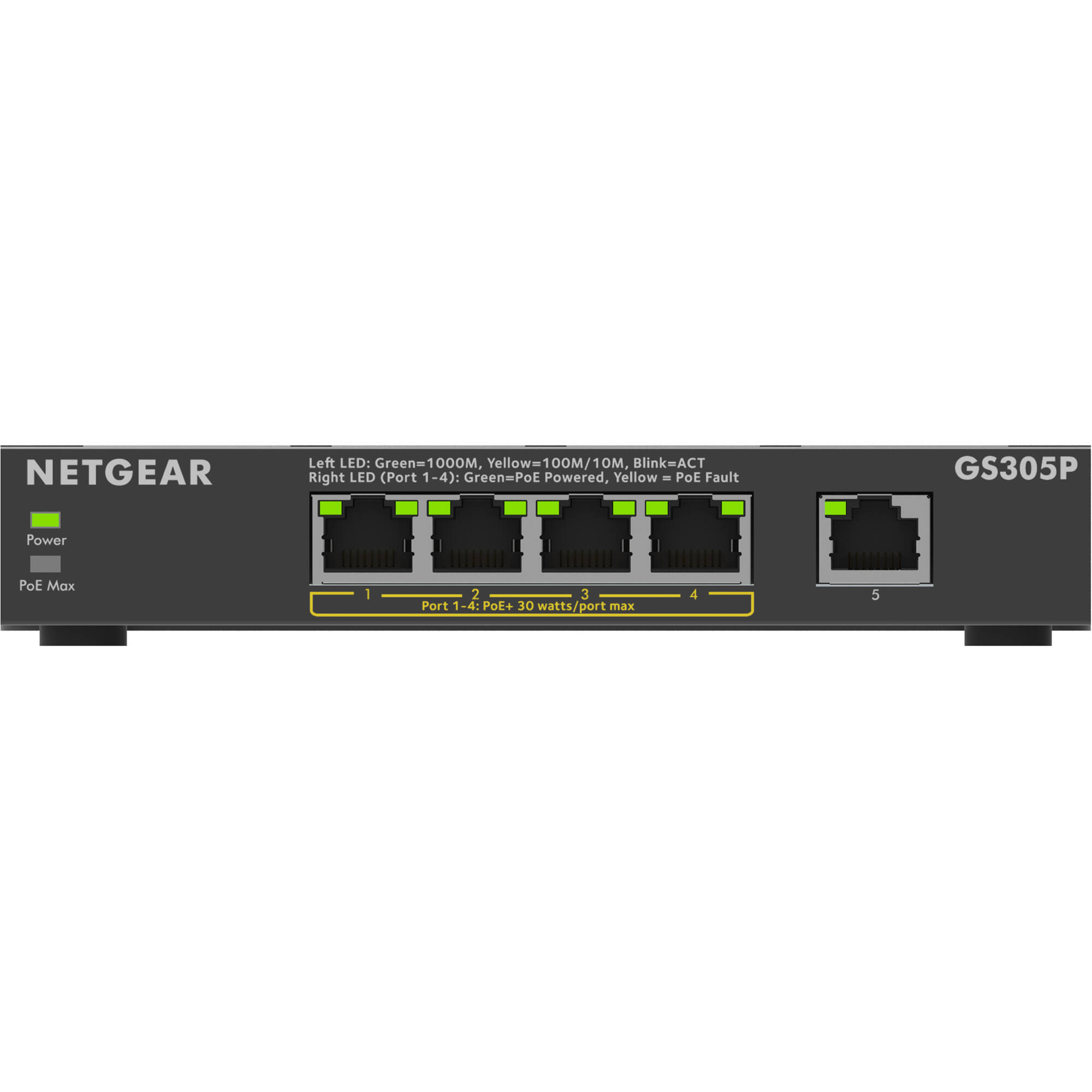 NETGEAR GS305P-300NAS 5-port Gigabit unmanaged PoE switch — view 2