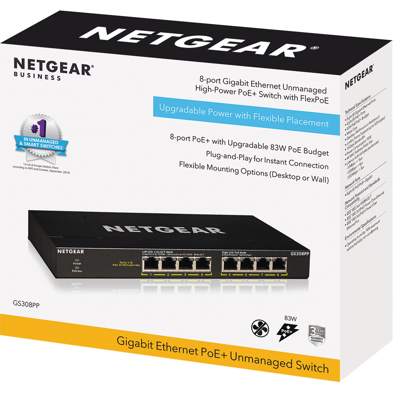 NETGEAR GS308PP-100NAS 8-port Gigabit unmanaged PoE+ switch with FlexPoE — view 5