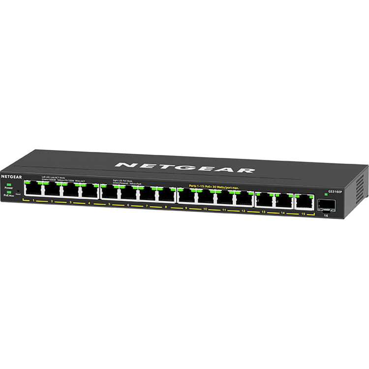 NETGEAR GS316EP-100NAS 16-port Gigabit PoE+ switch with 15 PoE ports — view 3