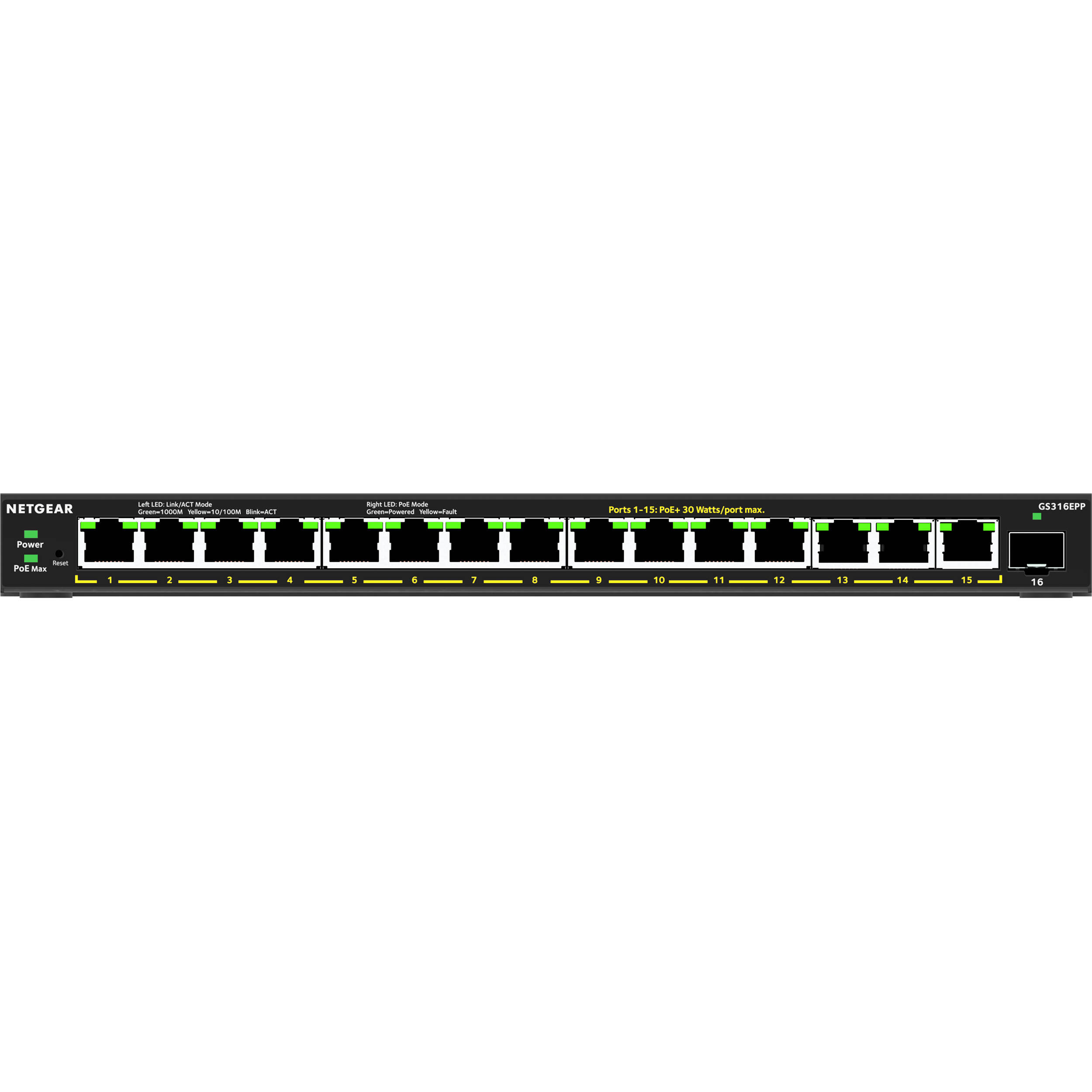 NETGEAR GS316EPP 16-port Gigabit PoE+ Plus switch with 15 PoE ports and 231 W budget — view 2