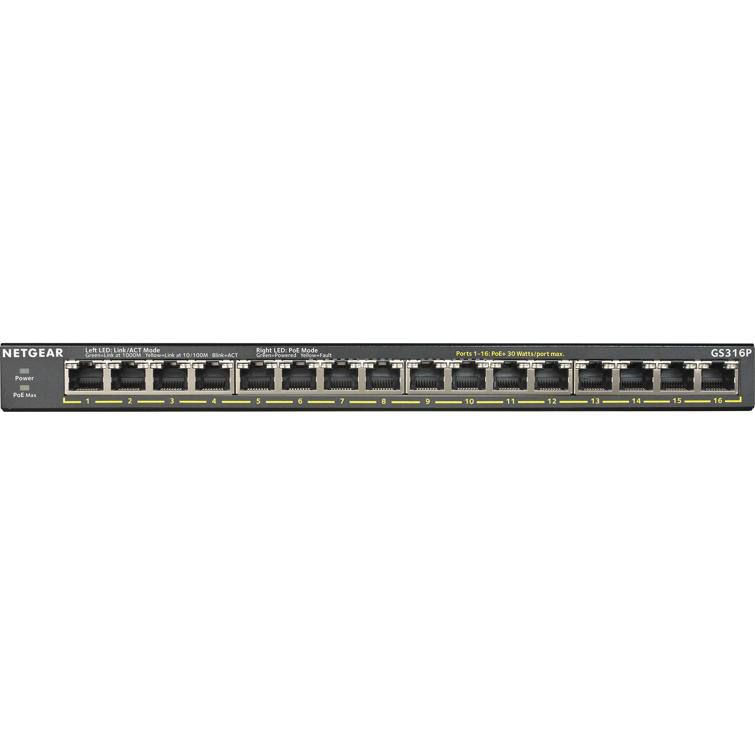 Netgear GS316P-100NAS 16-port Gigabit unmanaged PoE+ switch for cameras, access points, and VoIP phones — view 2