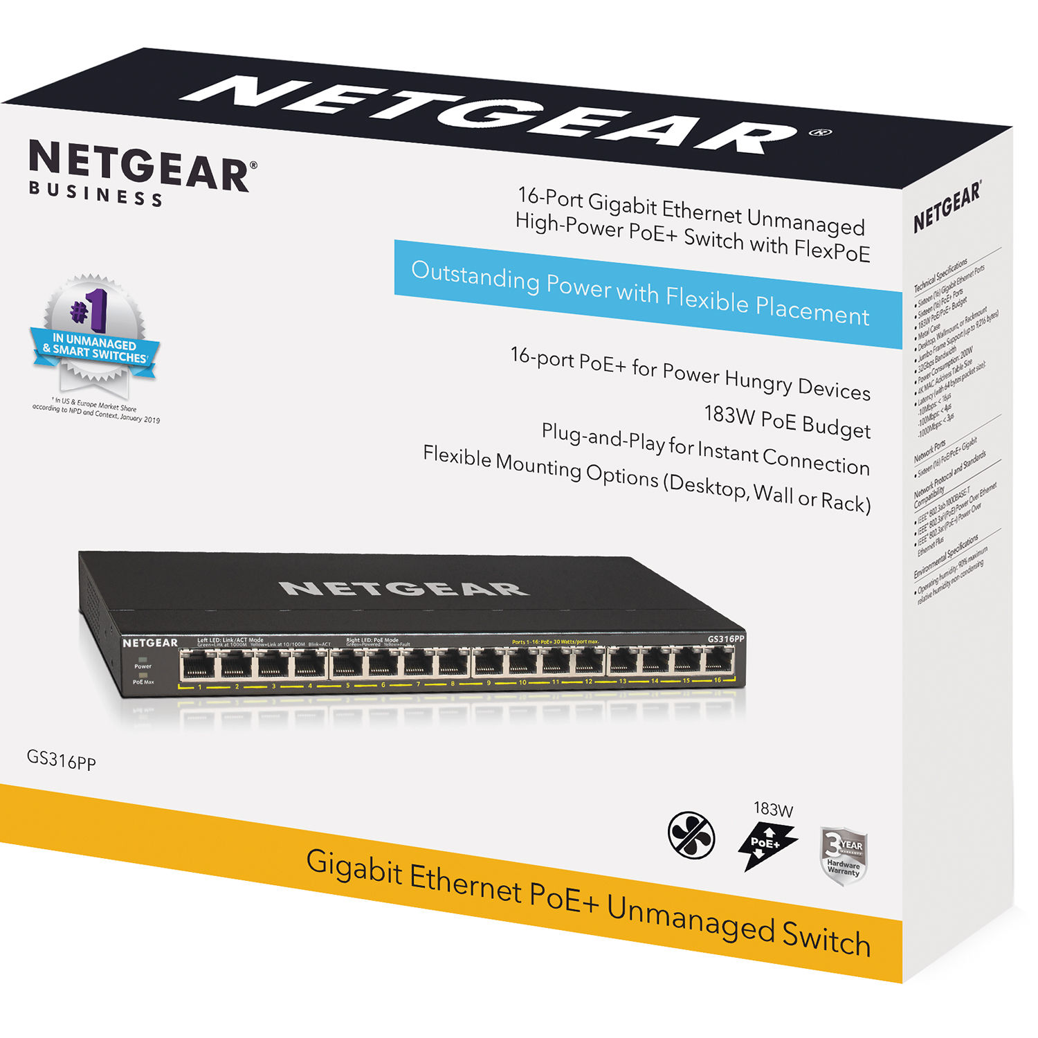 Netgear GS316PP-100NAS 16-port Gigabit unmanaged PoE+ switch with 183 W FlexPoE — view 5