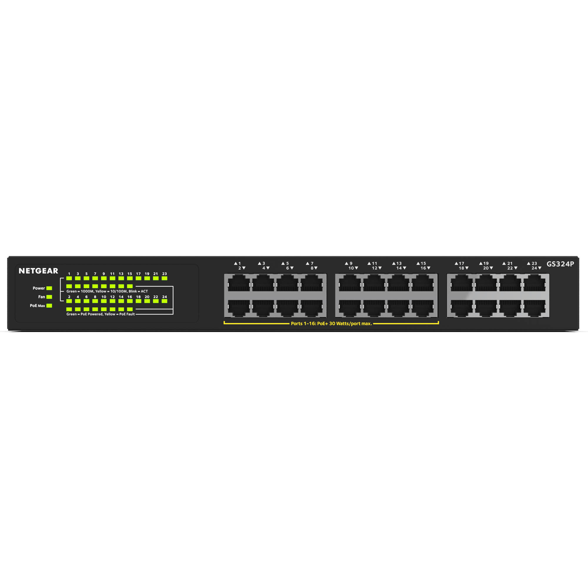 Netgear GS324P-100NAS 24-port Gigabit unmanaged PoE+ switch with 16 PoE+ ports — view 2