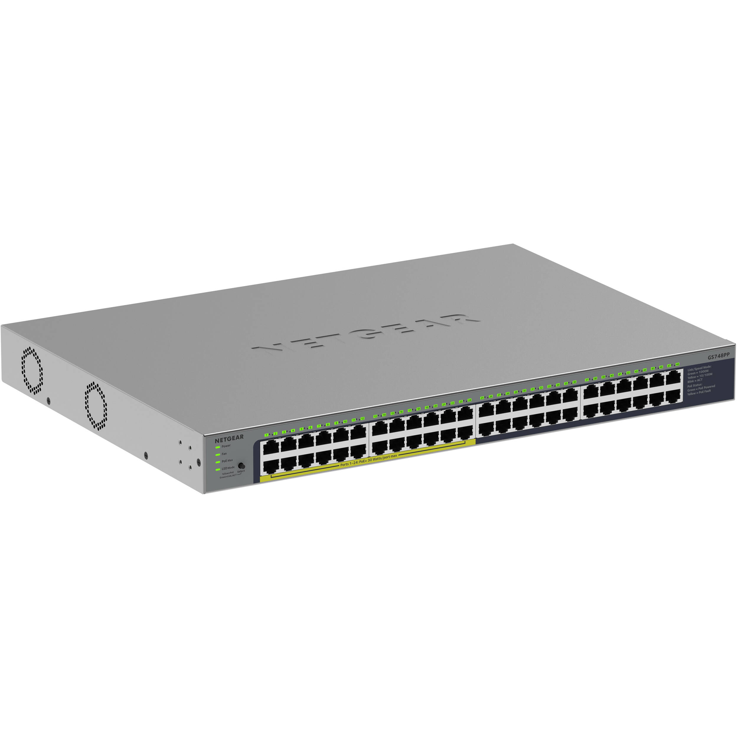 Netgear 48-port Gigabit Ethernet unmanaged PoE+ Essentials switch with 24 PoE+ ports and 380W power budget — view 3