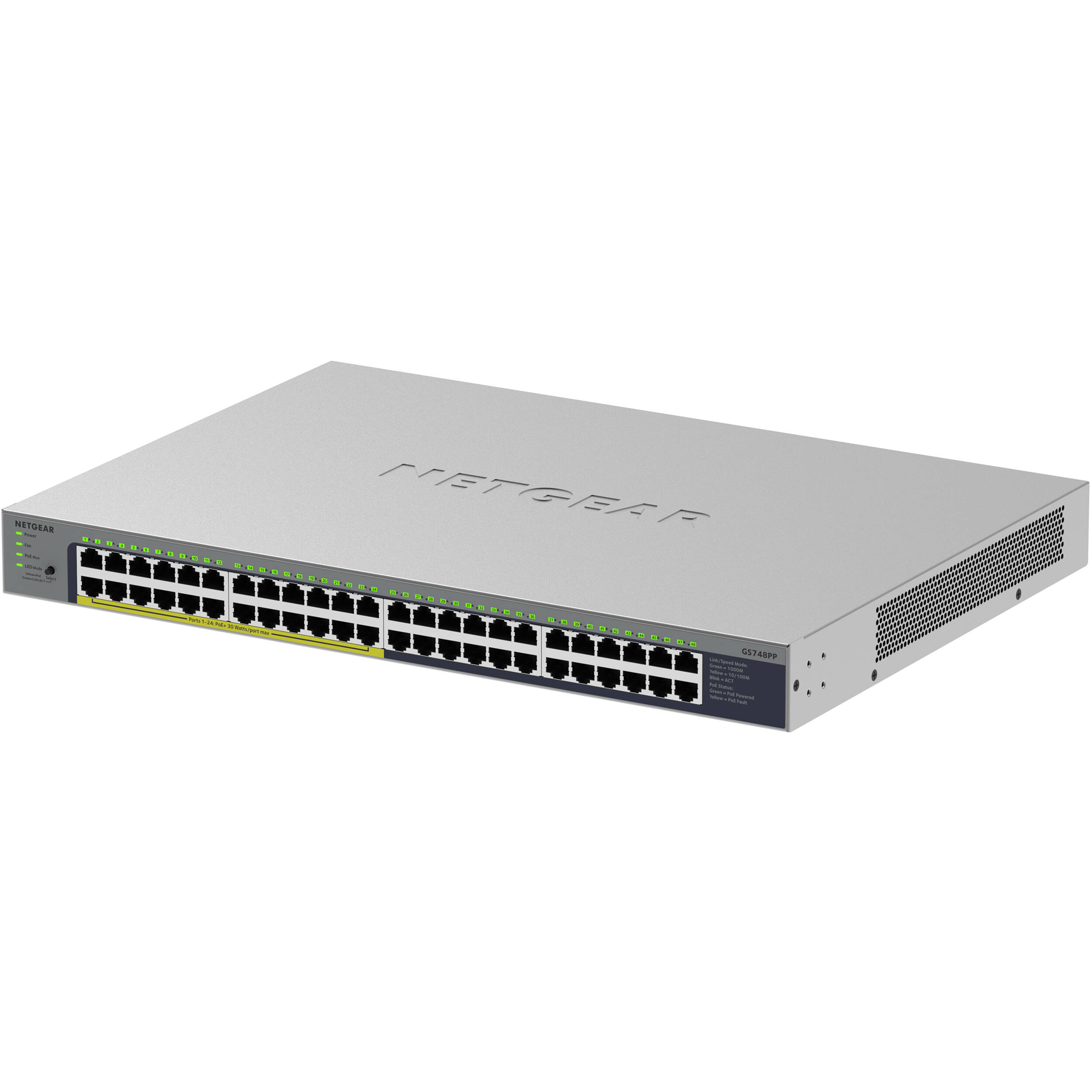 Netgear 48-port Gigabit Ethernet unmanaged PoE+ Essentials switch with 24 PoE+ ports and 380W power budget — view 4