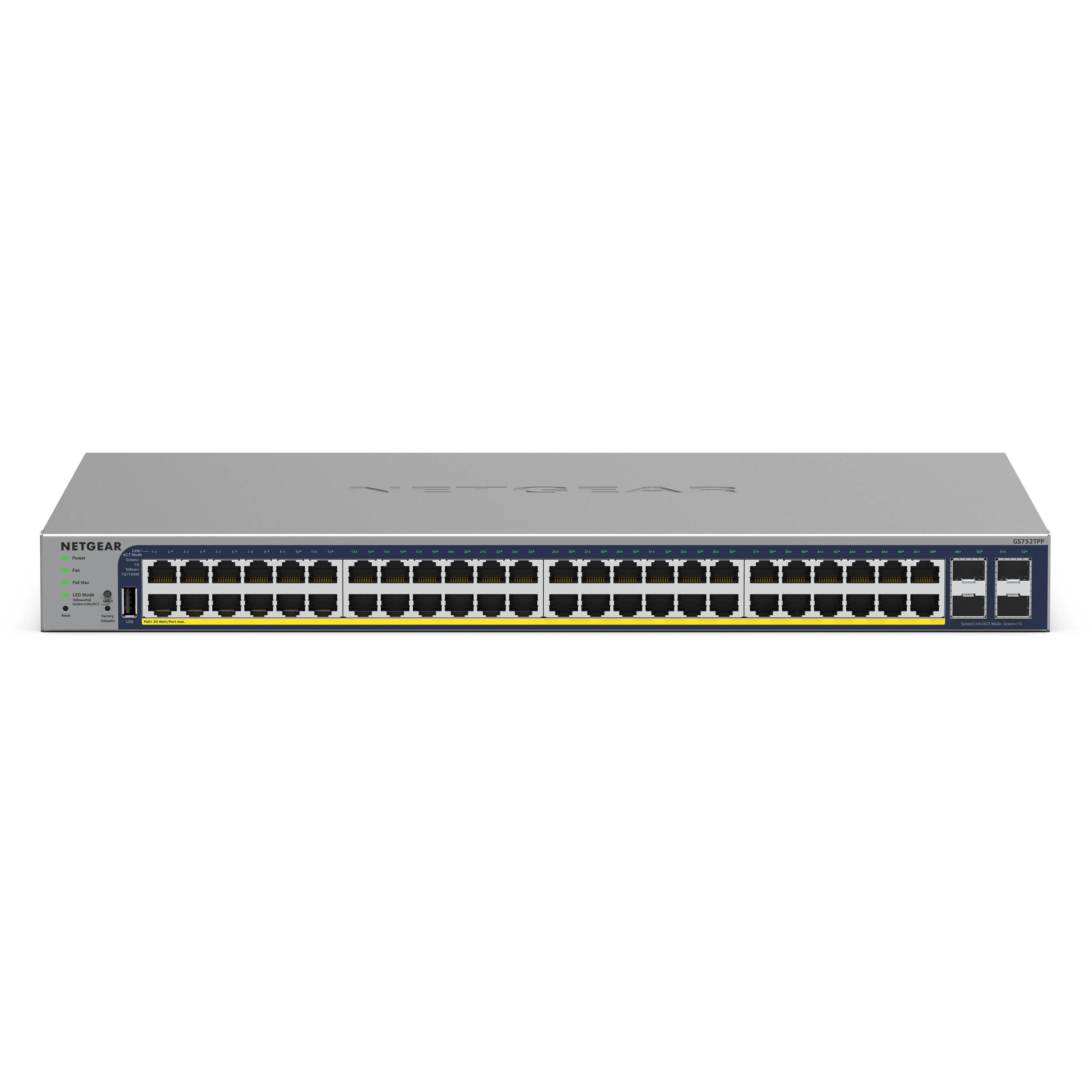 NETGEAR GS752TP-300NAS 52-port Gigabit smart switch with 48 PoE+ ports and 4 SFP uplinks — view 2