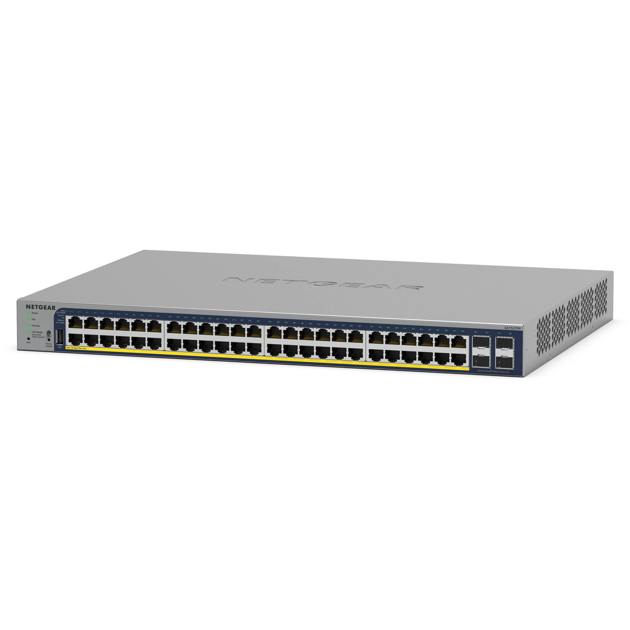 NETGEAR GS752TP-300NAS 52-port Gigabit smart switch with 48 PoE+ ports and 4 SFP uplinks — view 3