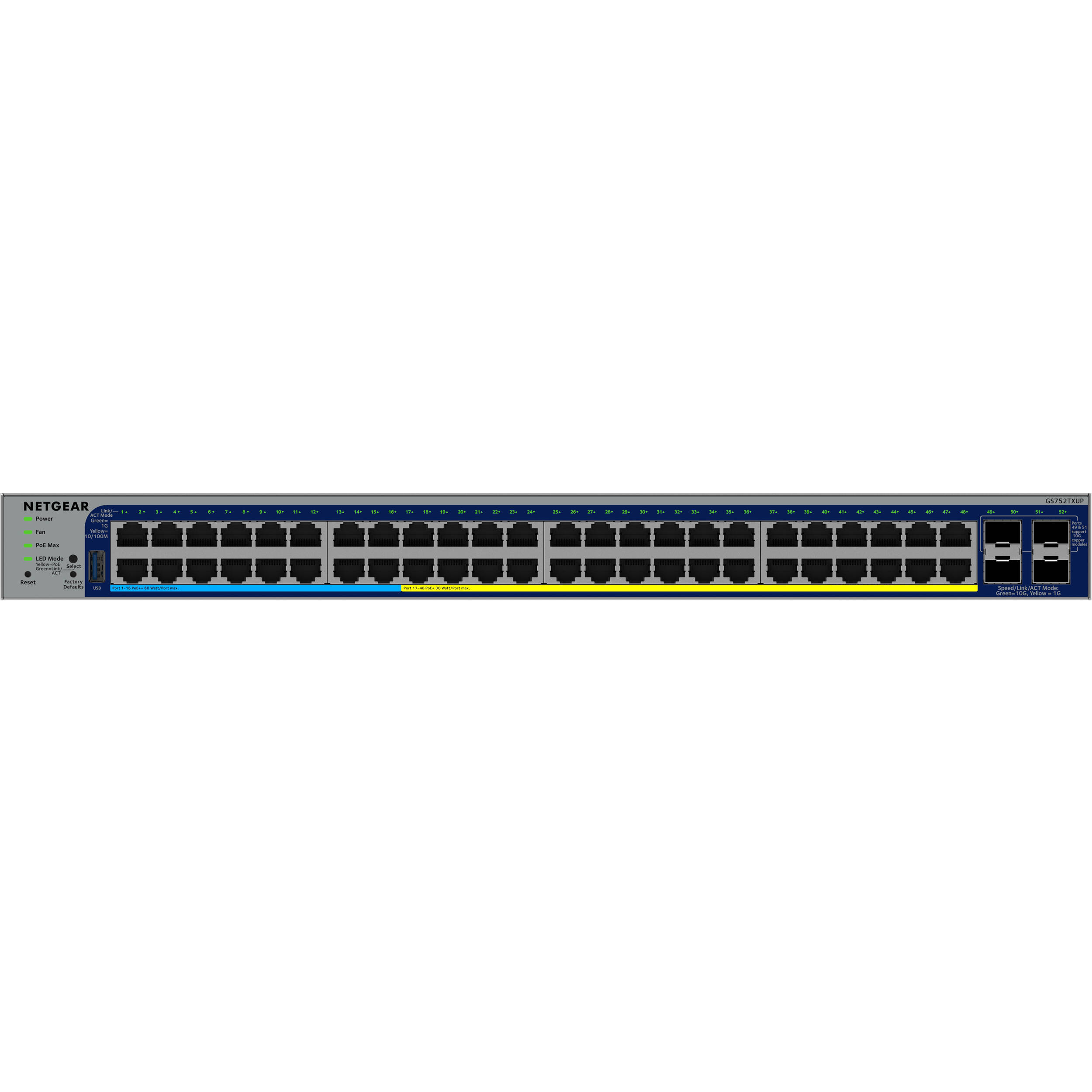 Netgear GS752TXUP-300NAS 48-port Gigabit PoE smart switch with 4 10G SFP+ uplinks — view 2