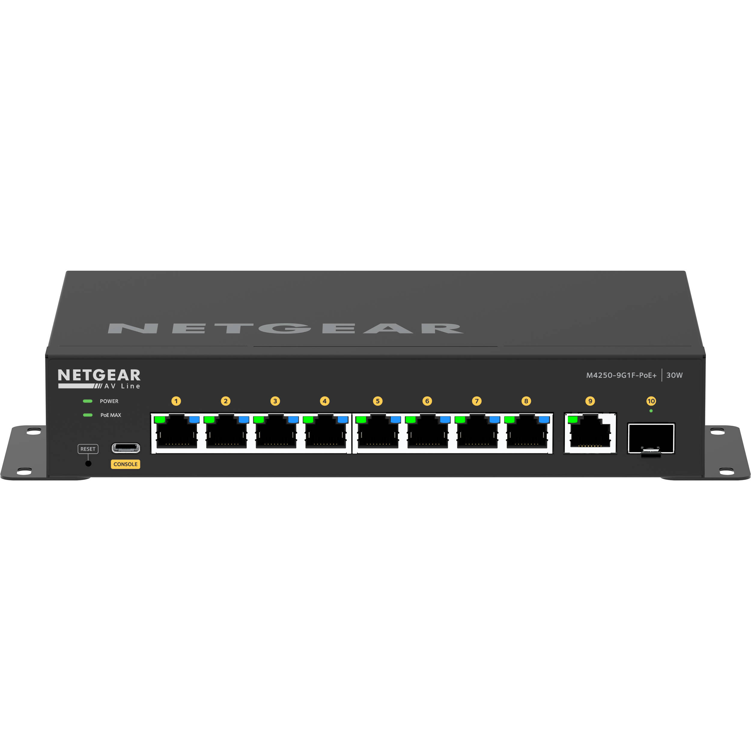 Netgear M4250 9G1F PoEplus AV Switch front view with Gigabit ports and SFP uplink — view 2