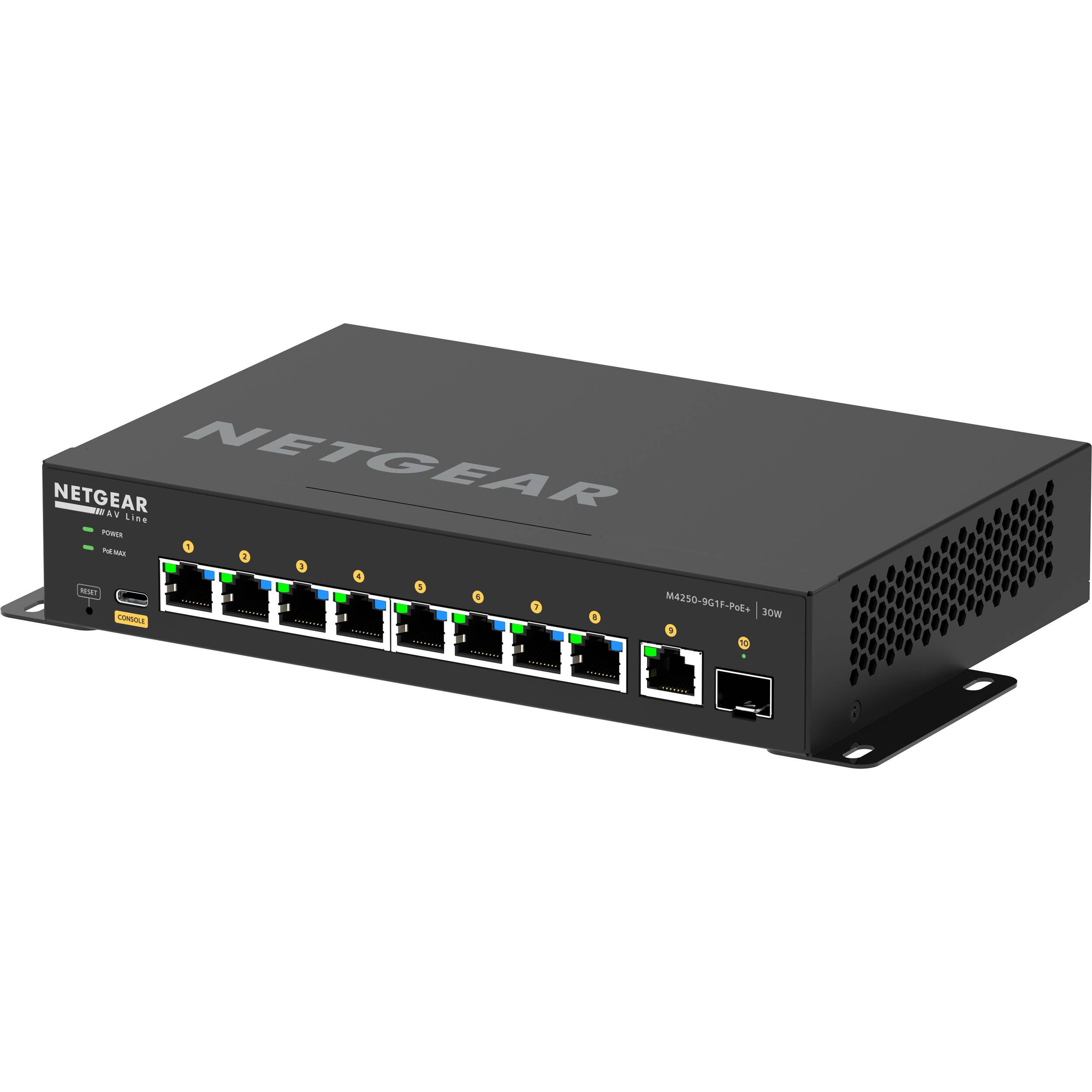 Netgear M4250 9G1F PoEplus AV Switch front view with Gigabit ports and SFP uplink — view 3