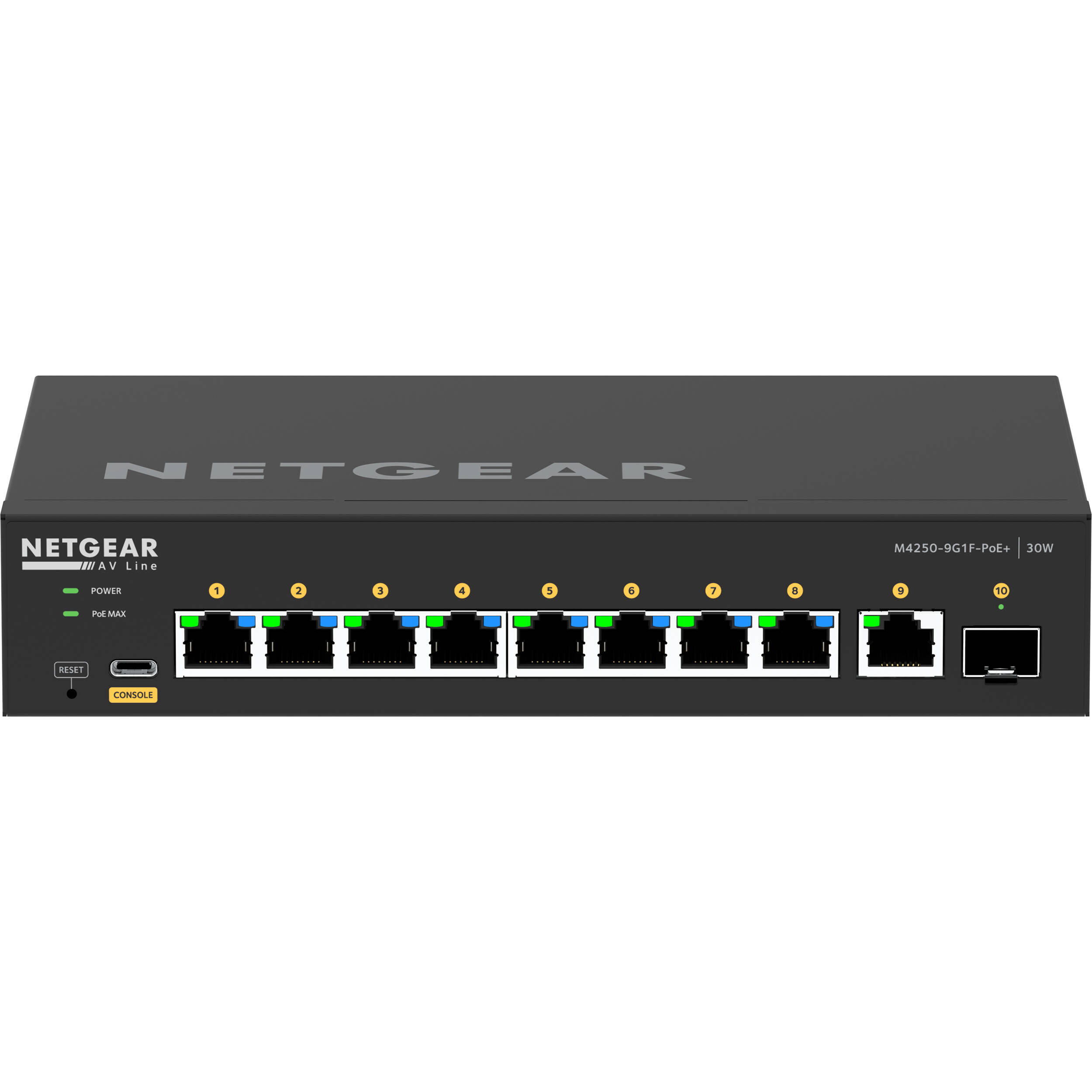 Netgear M4250 9G1F PoEplus AV Switch front view with Gigabit ports and SFP uplink — view 4