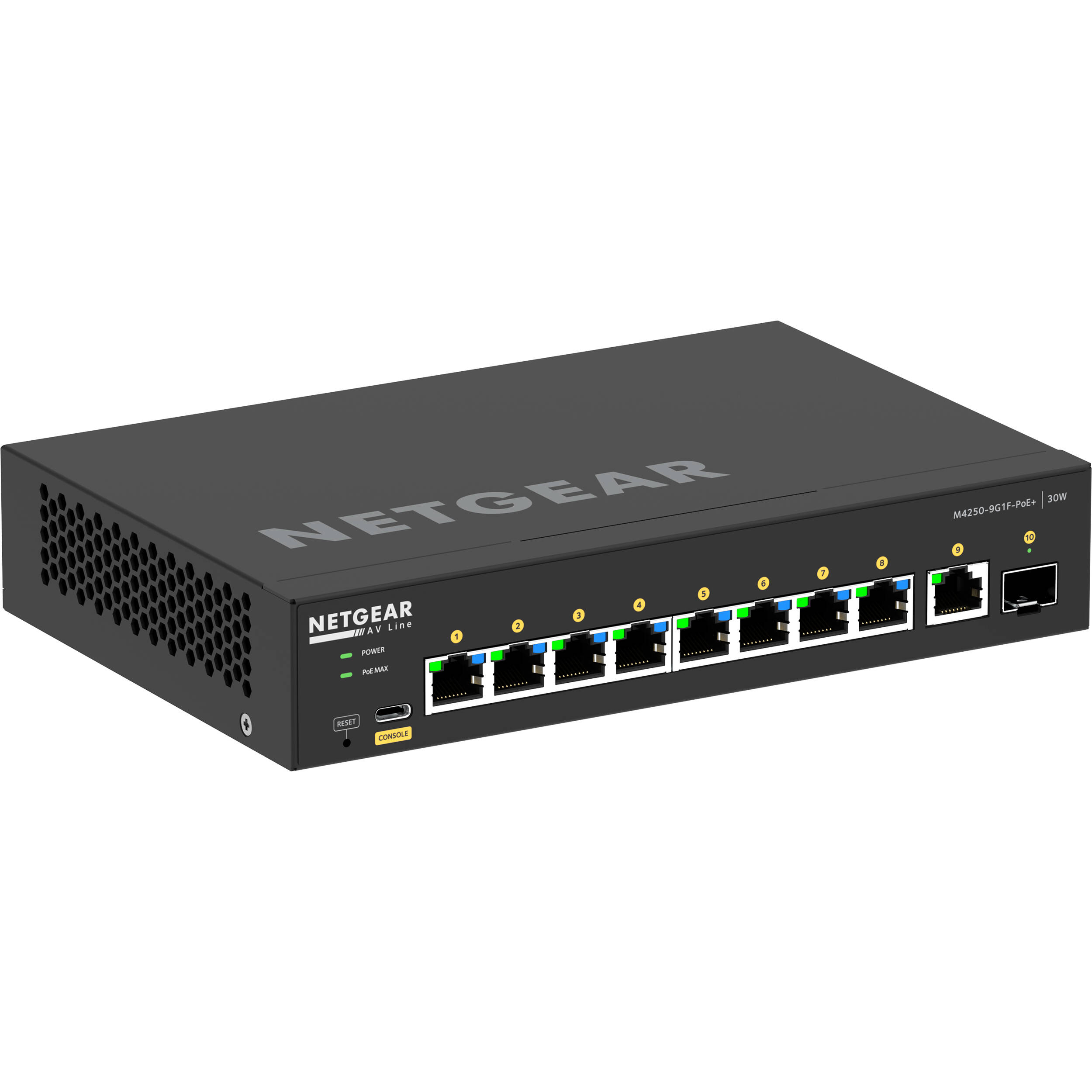 Netgear M4250 9G1F PoEplus AV Switch front view with Gigabit ports and SFP uplink — view 5