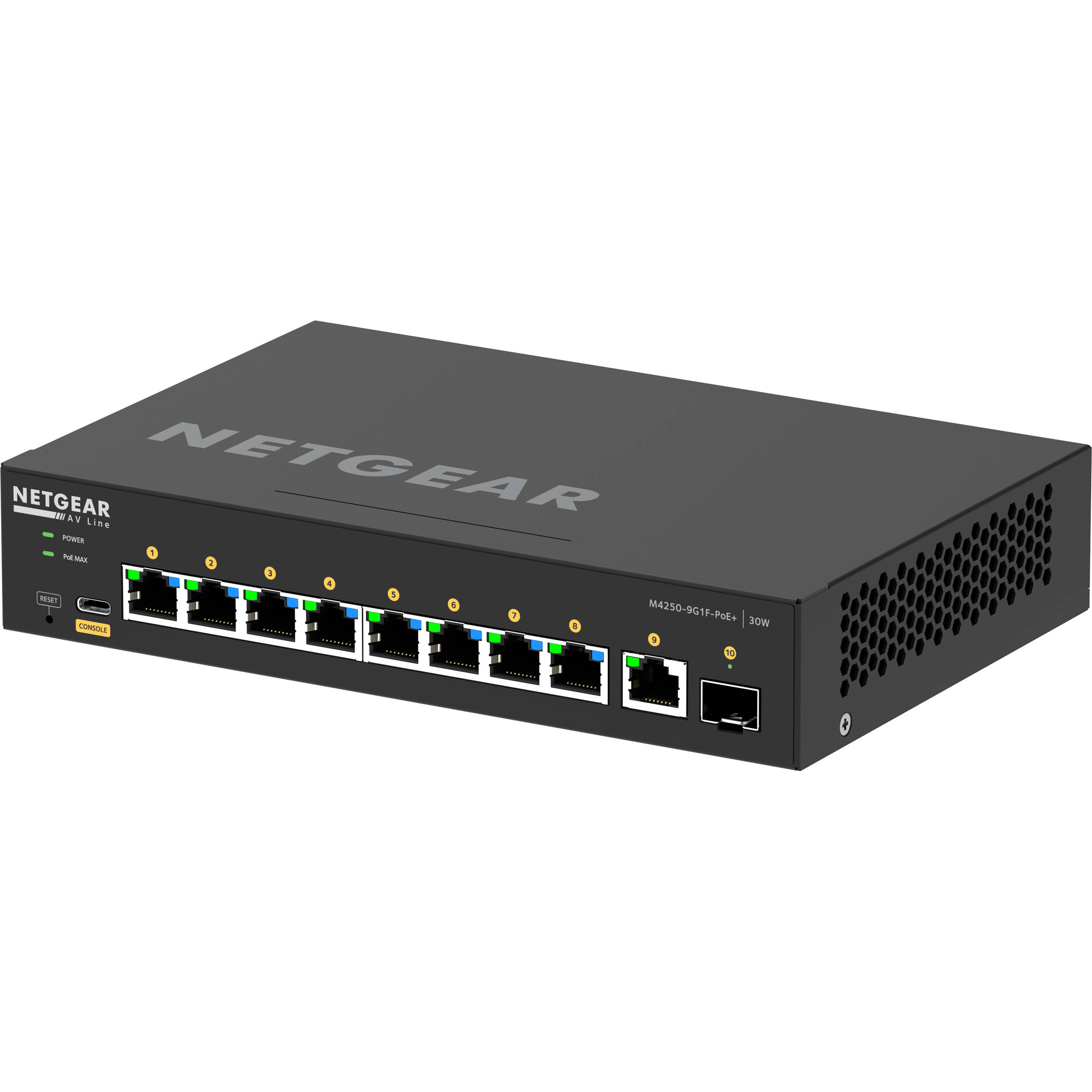 Netgear M4250 9G1F PoEplus AV Switch front view with Gigabit ports and SFP uplink — view 6