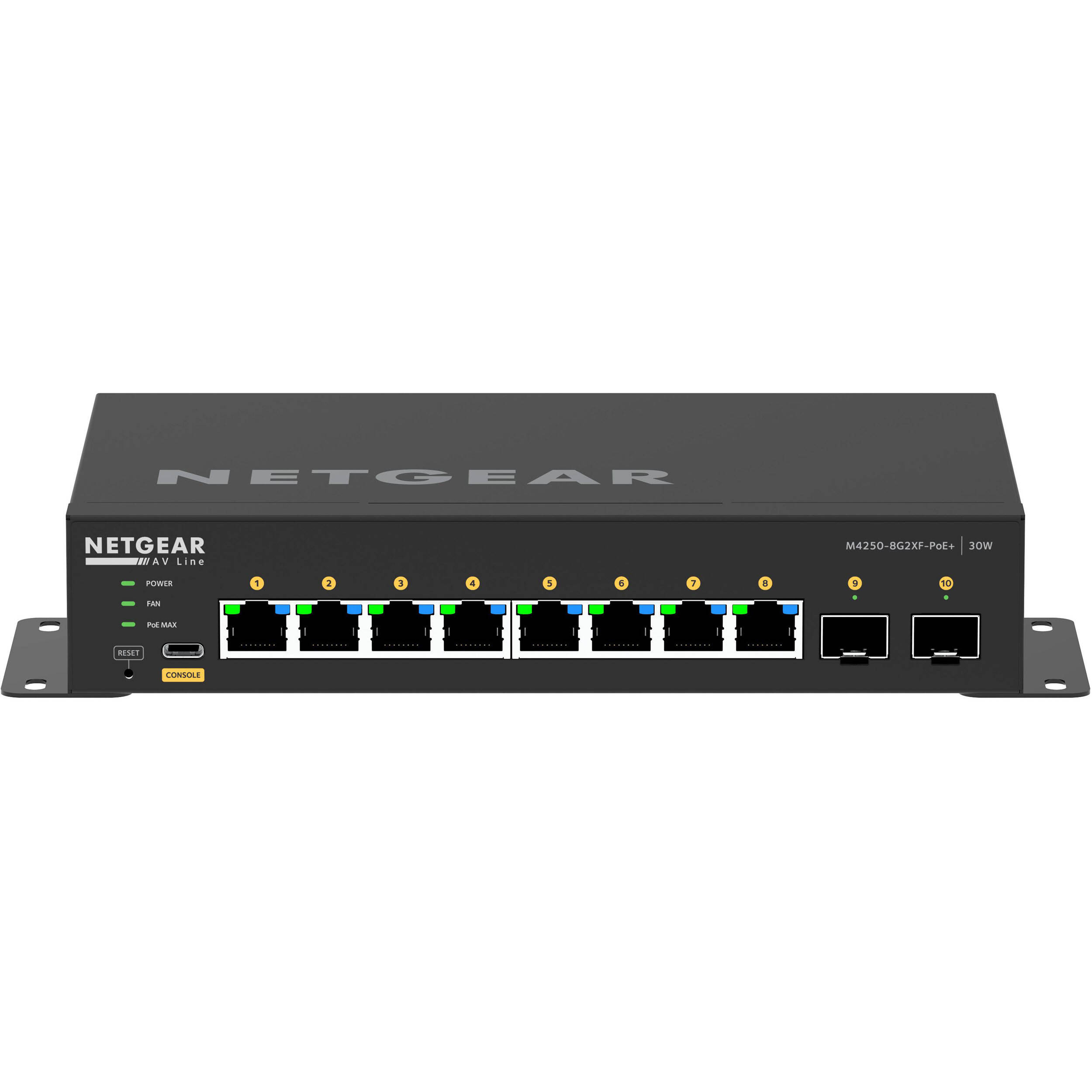 NETGEAR AV Line M4250 8G2XF PoE plus managed switch with 8 PoE+ ports and 2 SFP uplinks — view 2