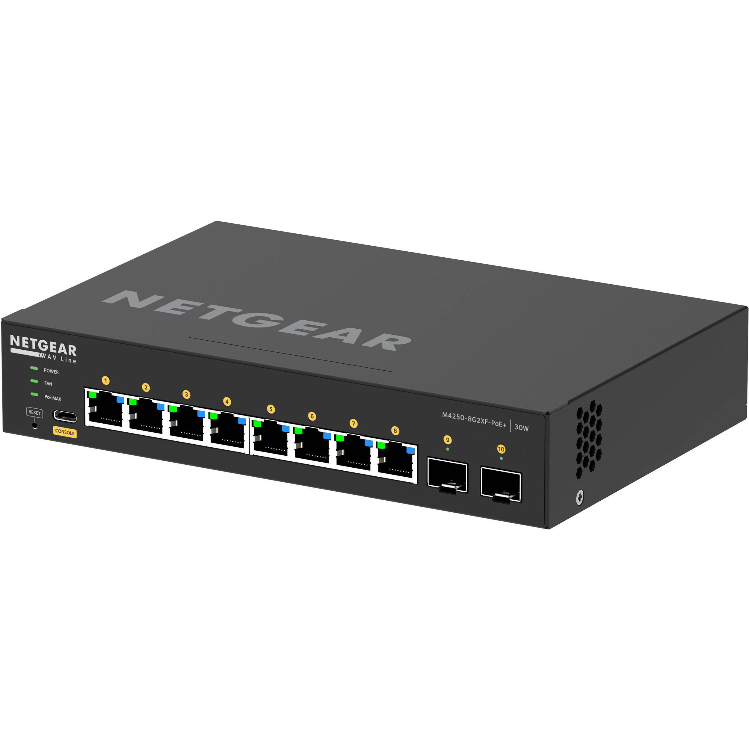 NETGEAR AV Line M4250 8G2XF PoE plus managed switch with 8 PoE+ ports and 2 SFP uplinks — view 3
