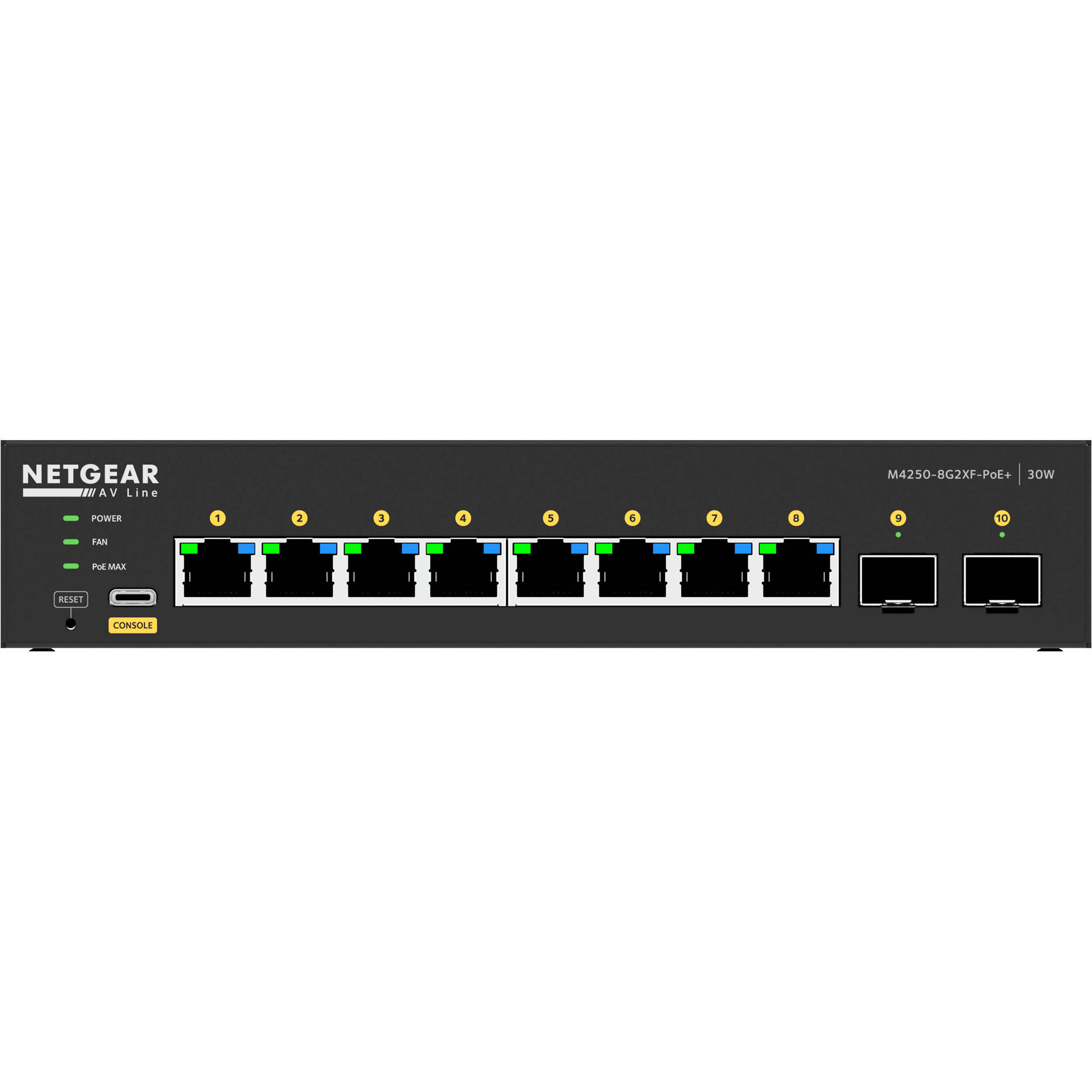 NETGEAR AV Line M4250 8G2XF PoE plus managed switch with 8 PoE+ ports and 2 SFP uplinks — view 6