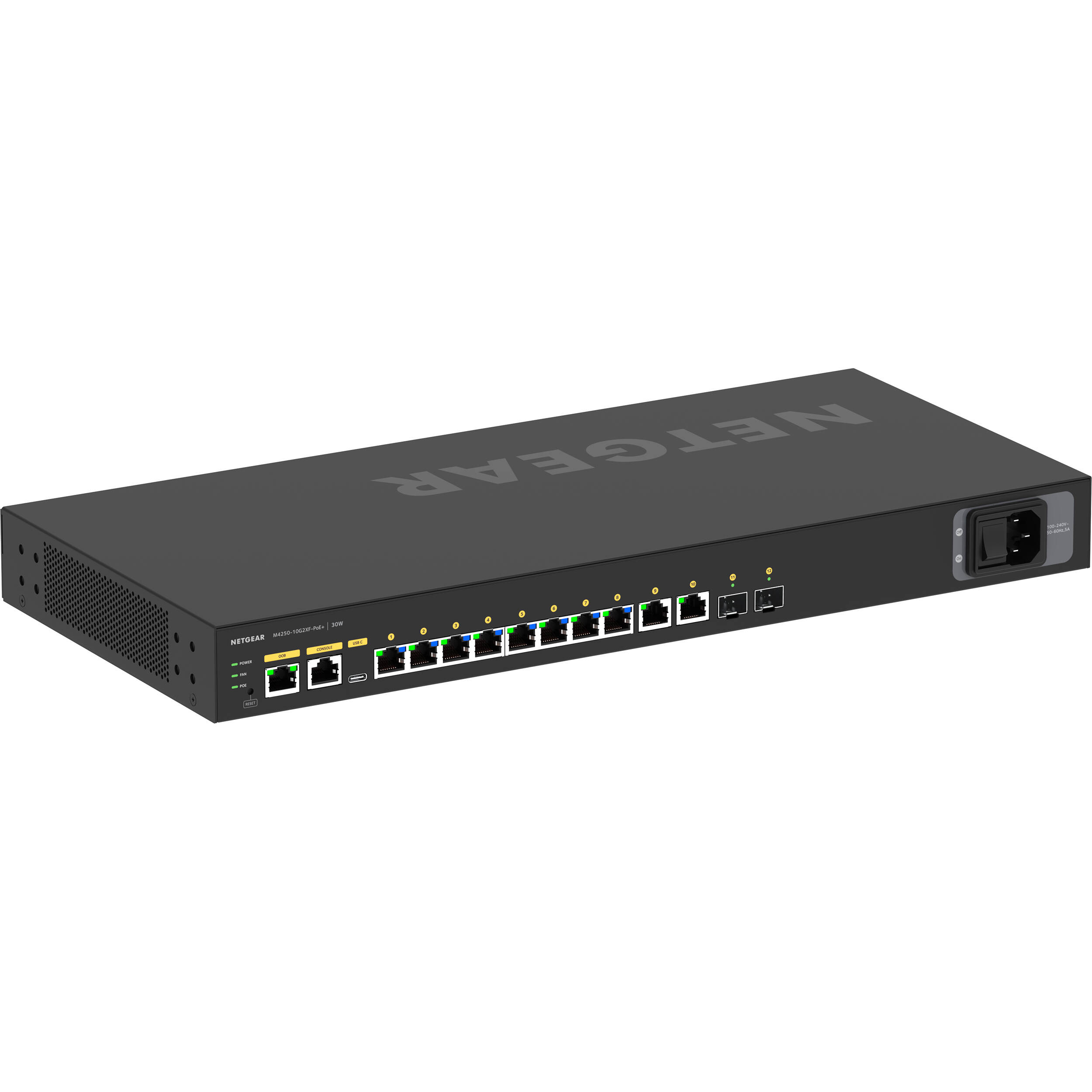 NETGEAR M4250 GSM4212PX-100NAS 10G2XF PoE+ AV switch with 8 PoE+ ports and 2 SFP+ uplinks — view 2