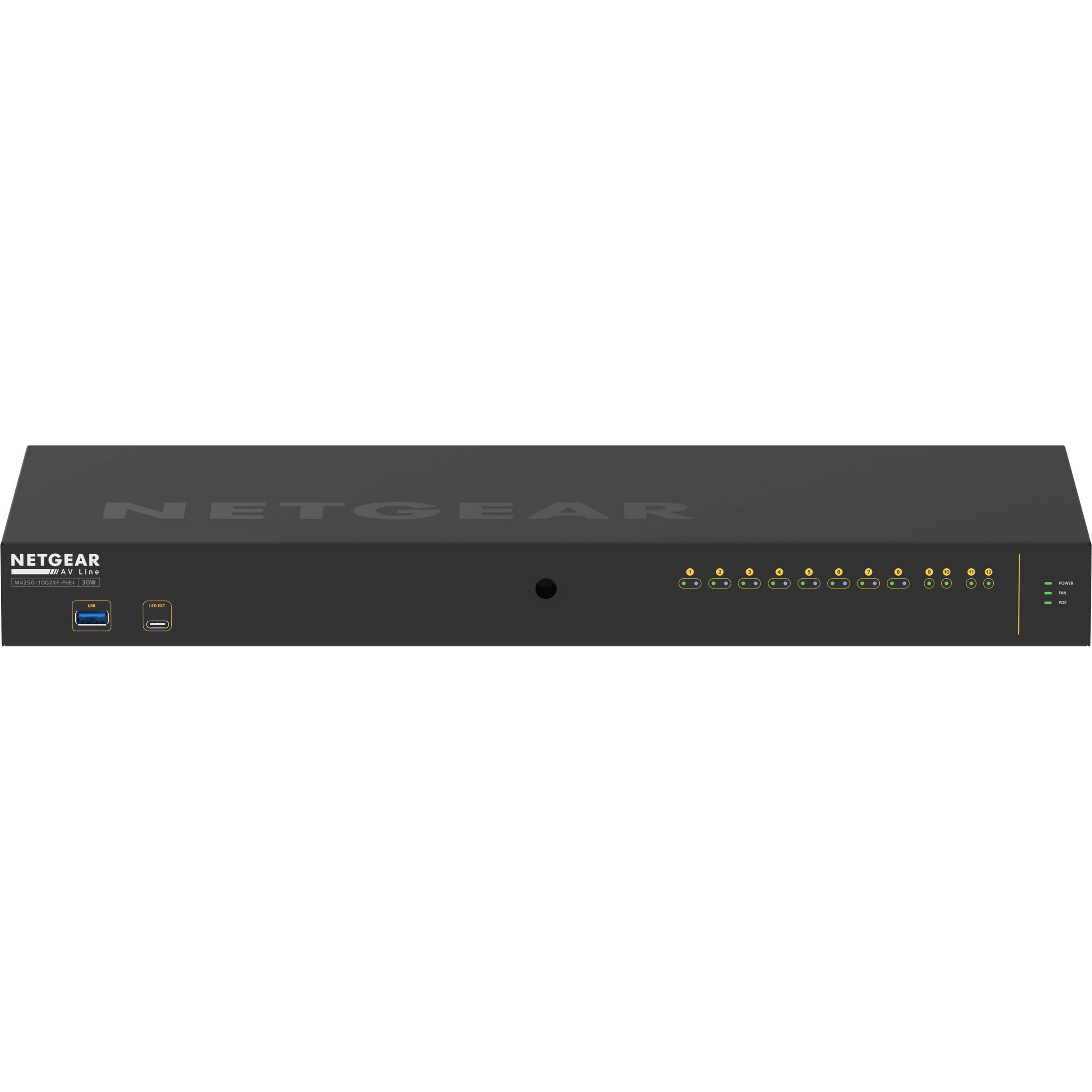 NETGEAR M4250 GSM4212PX-100NAS 10G2XF PoE+ AV switch with 8 PoE+ ports and 2 SFP+ uplinks — view 3