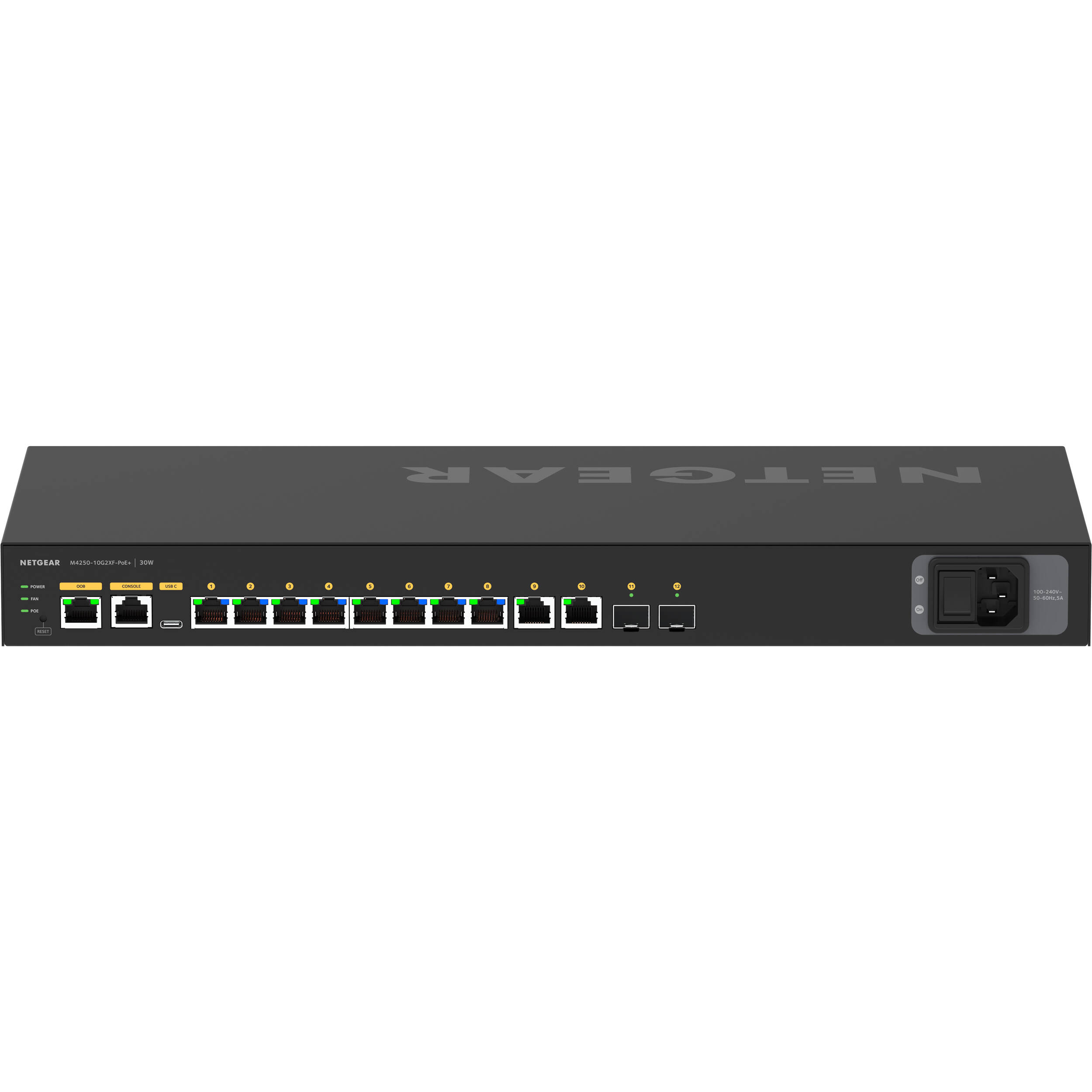 NETGEAR M4250 GSM4212PX-100NAS 10G2XF PoE+ AV switch with 8 PoE+ ports and 2 SFP+ uplinks — view 4