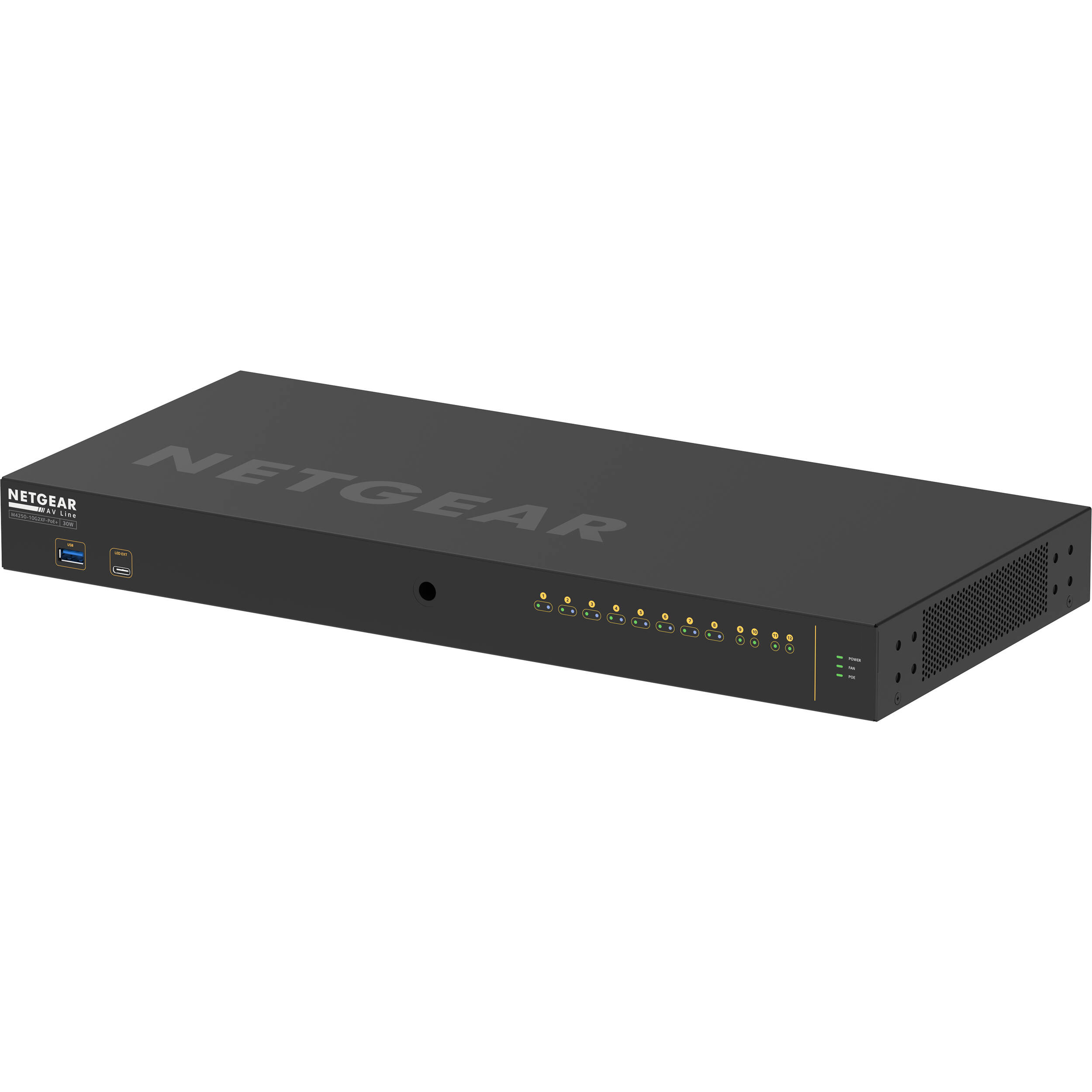 NETGEAR M4250 GSM4212PX-100NAS 10G2XF PoE+ AV switch with 8 PoE+ ports and 2 SFP+ uplinks — view 5