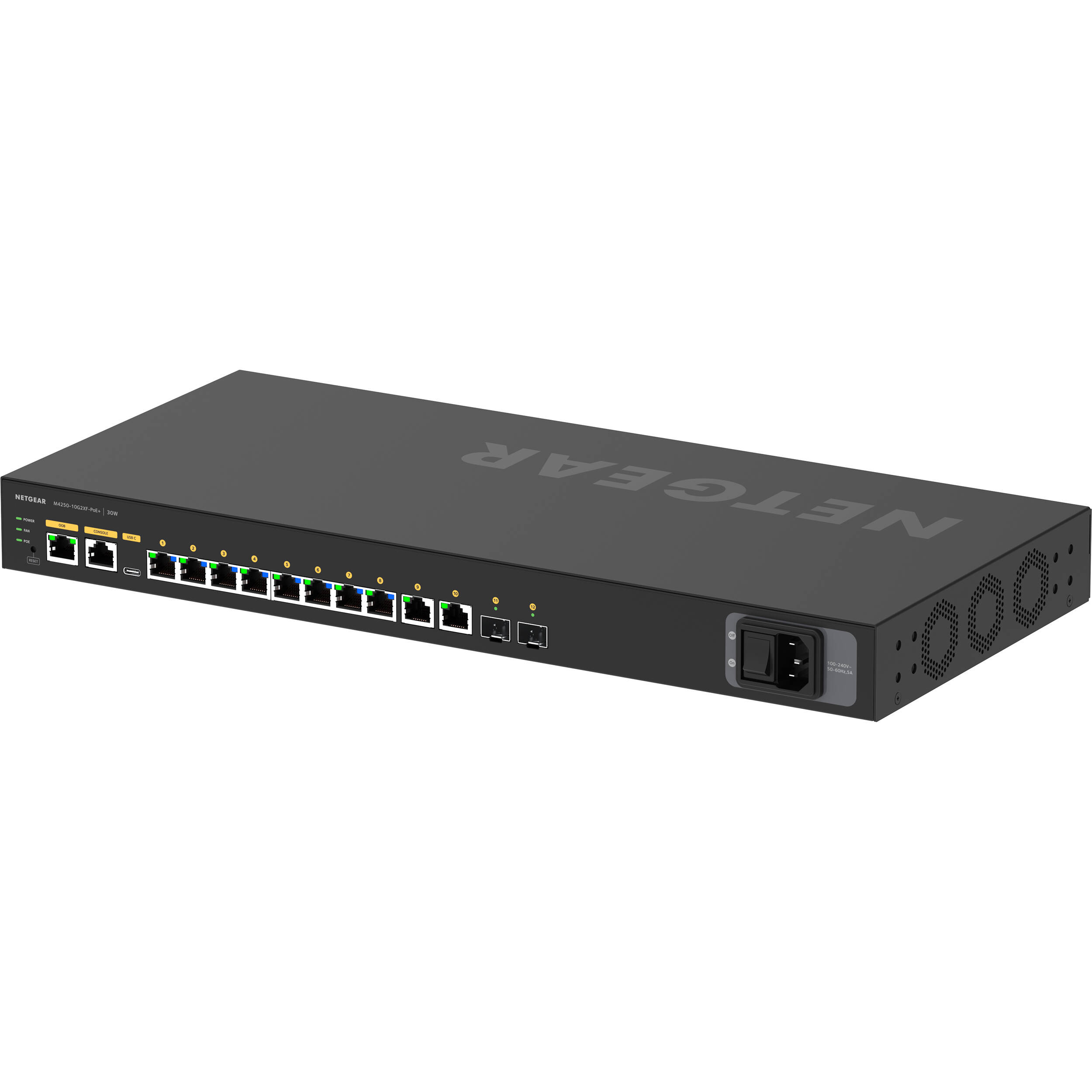 NETGEAR M4250 GSM4212PX-100NAS 10G2XF PoE+ AV switch with 8 PoE+ ports and 2 SFP+ uplinks — view 6