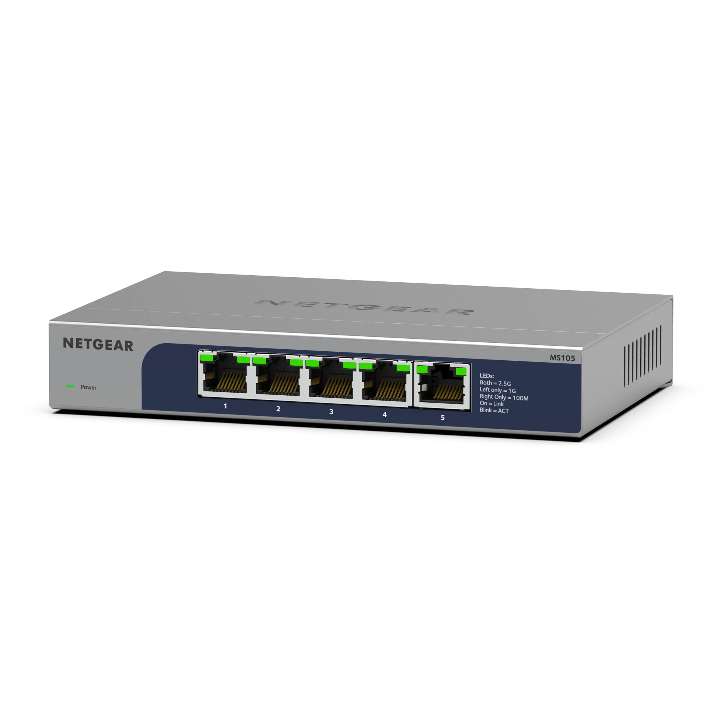 NETGEAR MS105-100NAS 5-port 2.5G unmanaged switch in metal desktop or wall-mount design — view 2