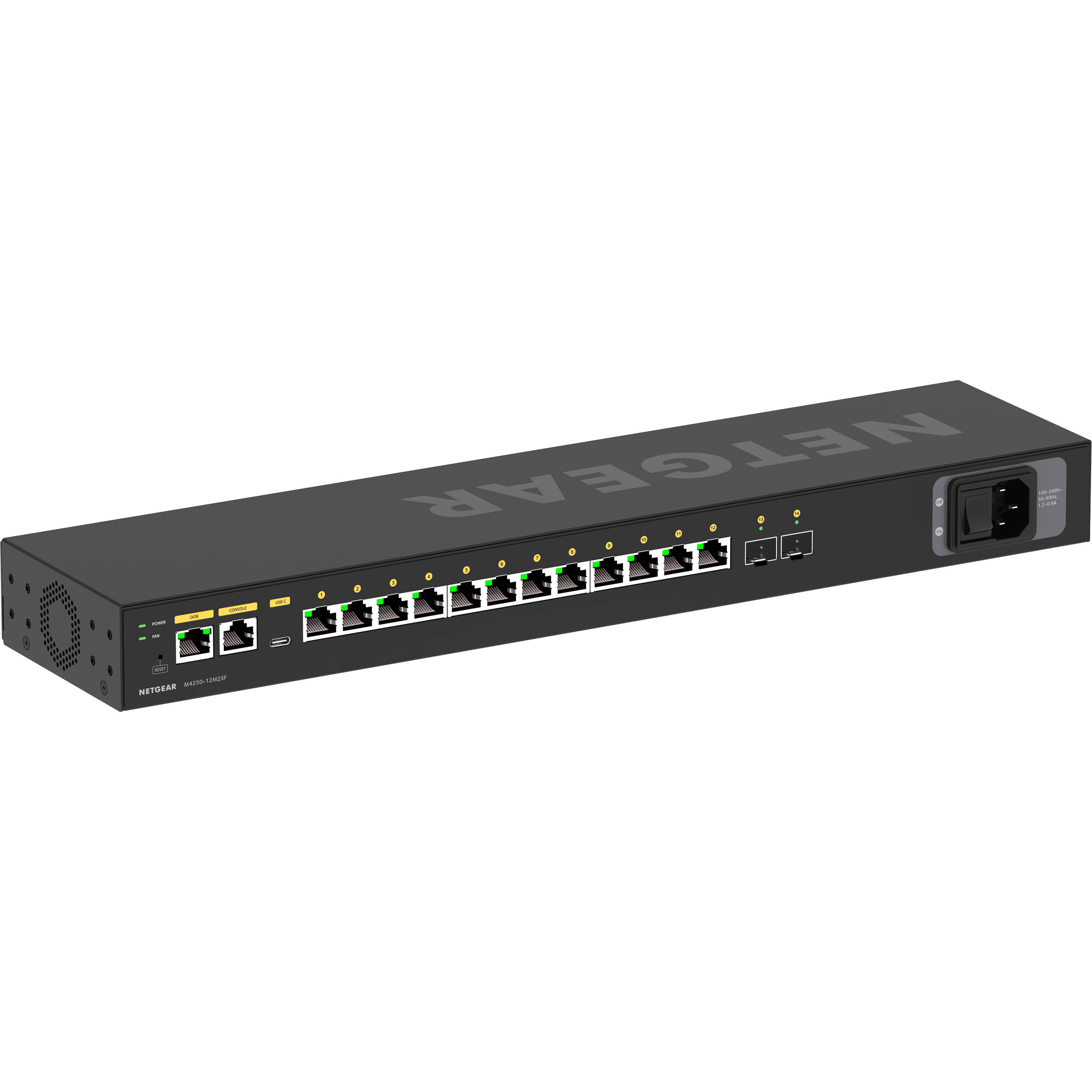 NETGEAR M4250-12M2XF managed AV switch with 12 x 2.5G ports and 2 x SFP+ uplinks — view 2