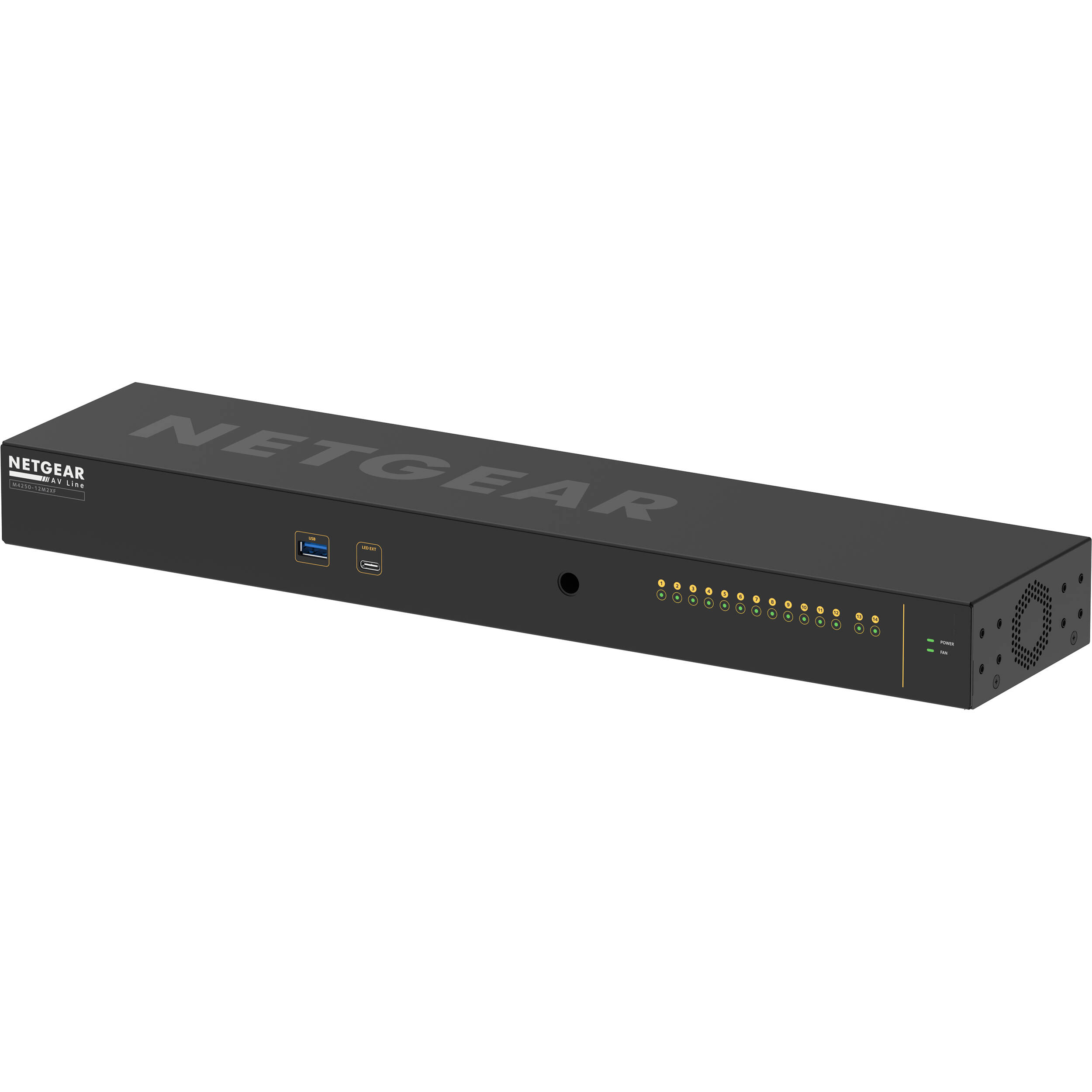 NETGEAR M4250-12M2XF managed AV switch with 12 x 2.5G ports and 2 x SFP+ uplinks — view 3