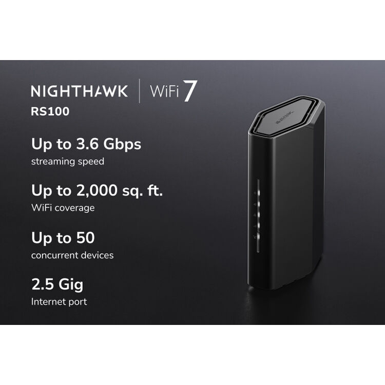 Netgear Nighthawk RS100-100NAS Wi‑Fi 7 router with BE3600 throughput and 4 ports — view 3