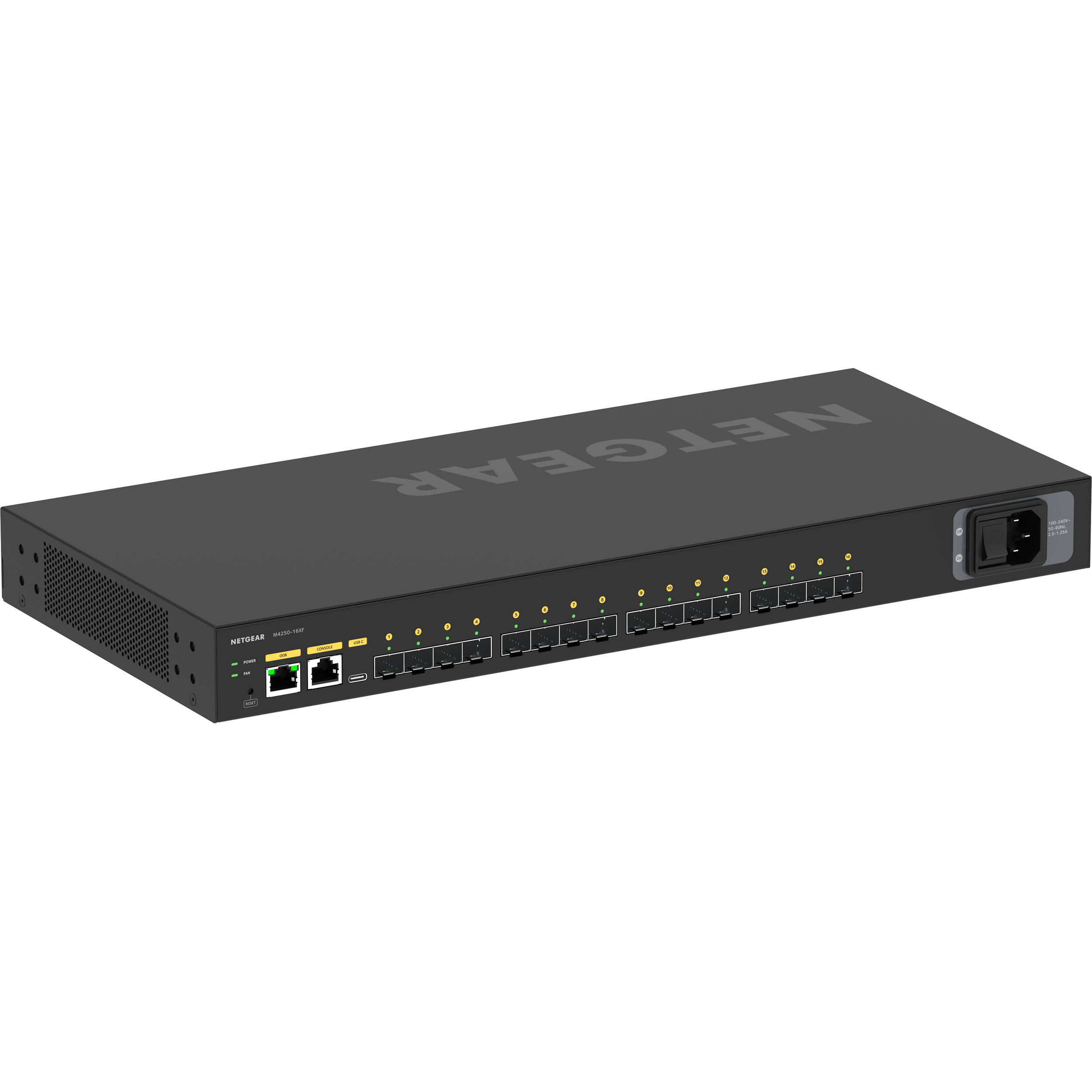 NETGEAR M4250 16XF AV managed switch with 16 SFP+ fiber ports for 1G and 10G connectivity — view 2