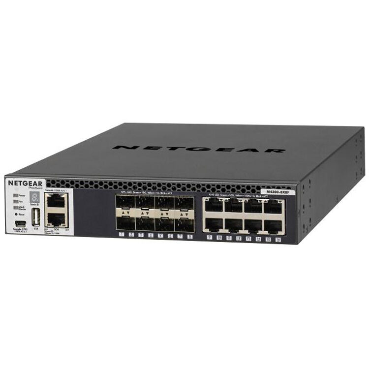 NETGEAR M4300 8X8F managed Layer 3 rack-mount switch with 16 ports and 8 SFP+ slots — view 2
