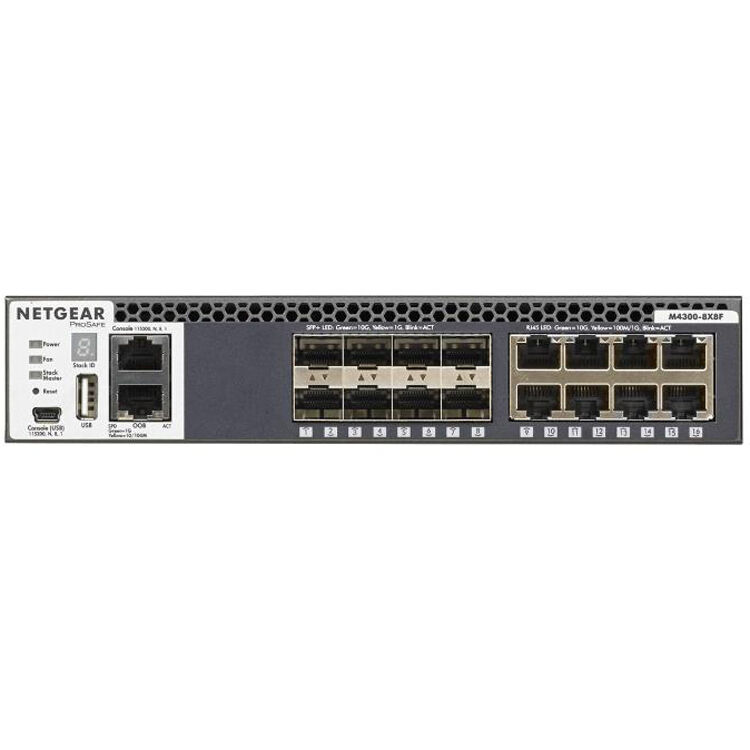 NETGEAR M4300 8X8F managed Layer 3 rack-mount switch with 16 ports and 8 SFP+ slots — view 3