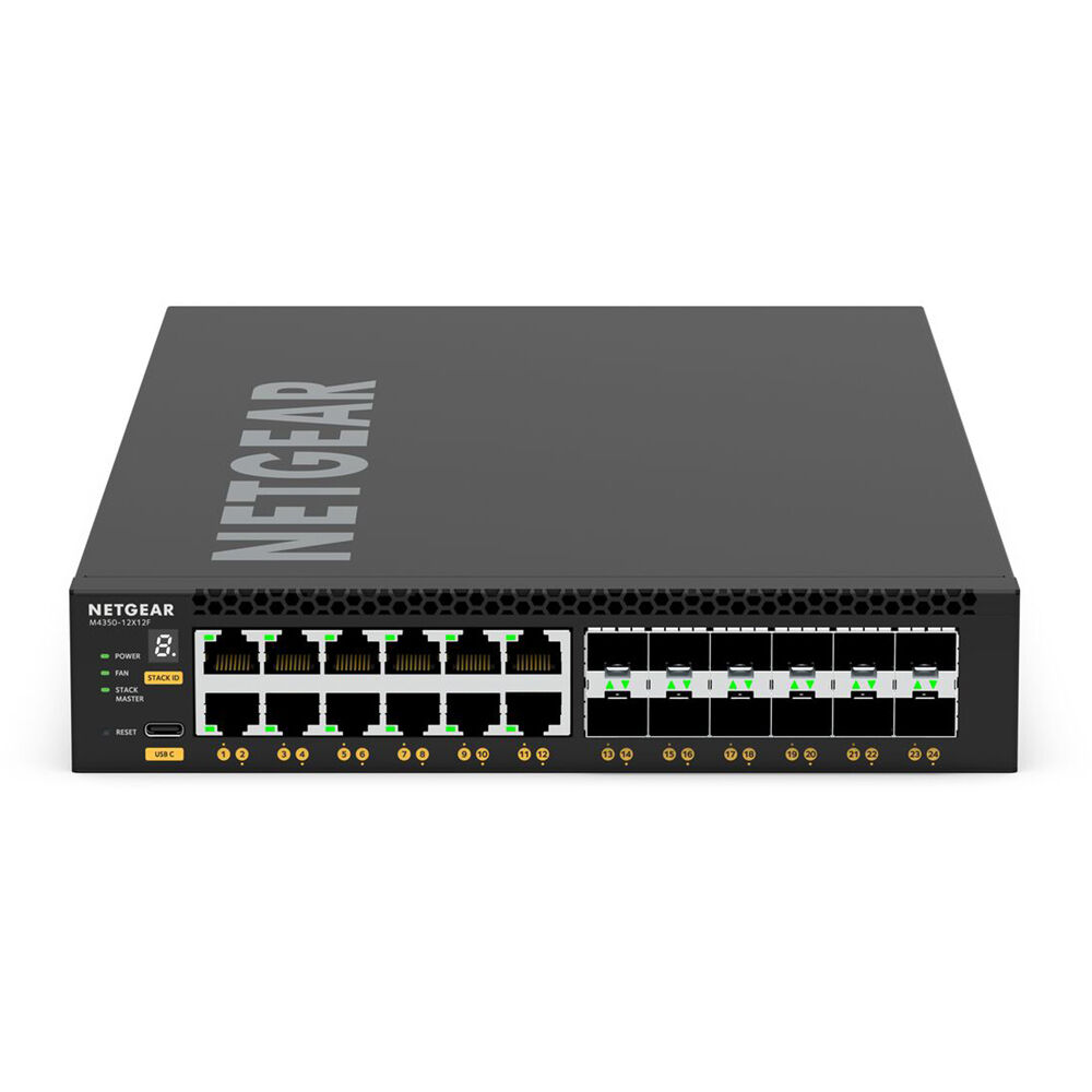 Netgear M4350-12X12F managed data center switch with 24 ports and 12 SFP+ uplink slots — view 4
