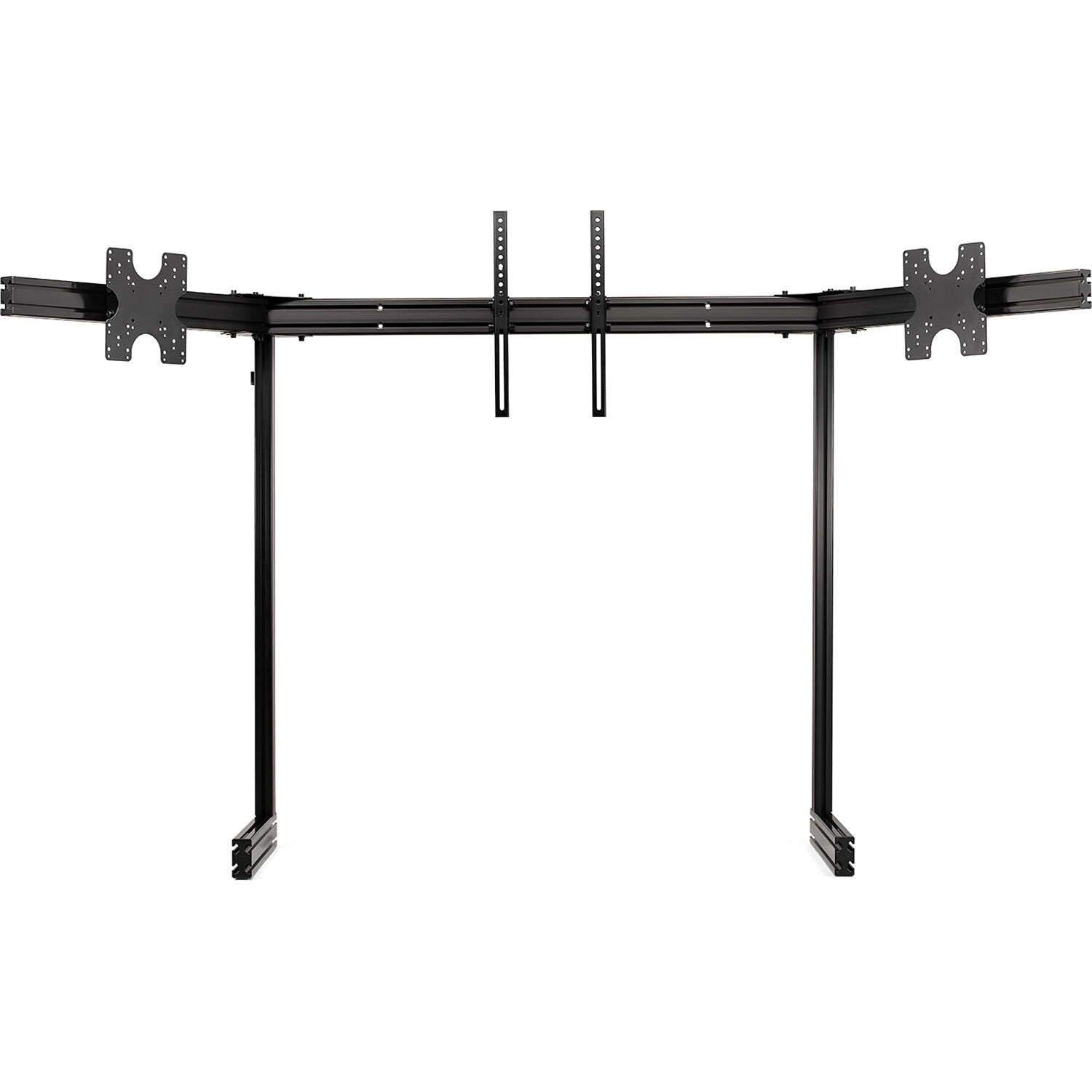 Black free-standing triple monitor stand for sim racing setups — view 2